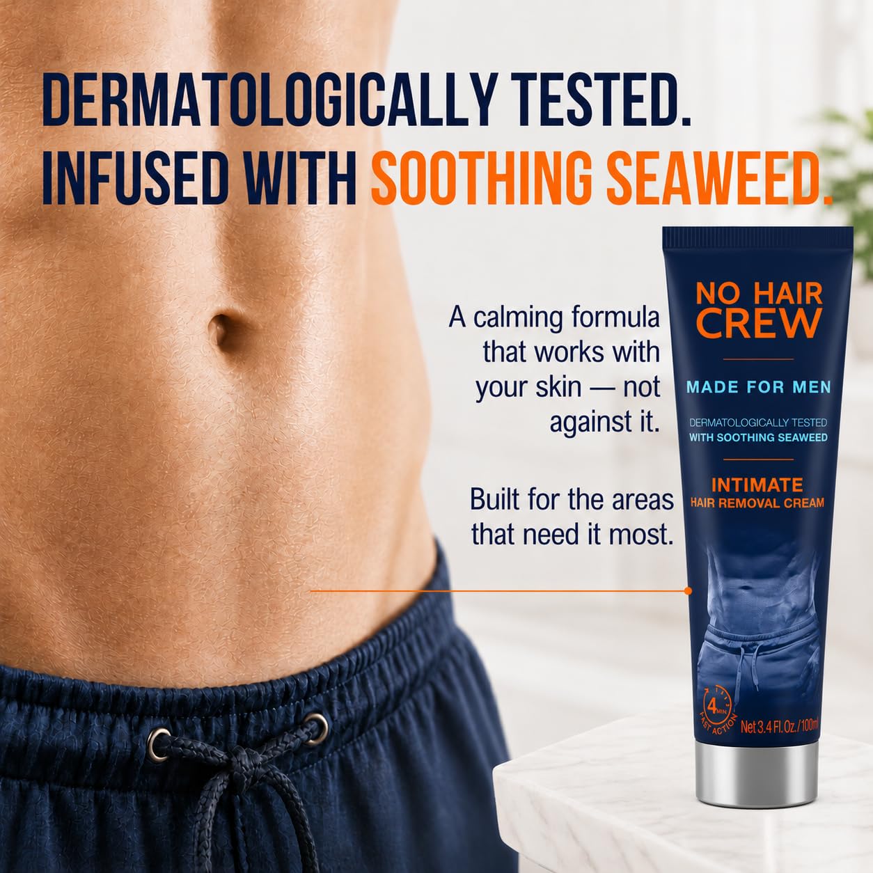 No Hair Crew Intimate/Private At Home Hair Removal Cream for Men - Painless, Flawless, Soothing Depilatory for Unwanted Coarse Male Body Hair, 100ml