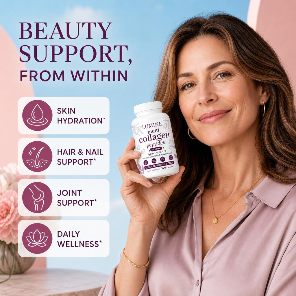 LUMINE Multi Collagen Complex Capsules, Collagen Peptides, Non-GMO Ingredients,Free from Gluten and Soy. Vegan-Friendly, 120Capsules / 60 Servings