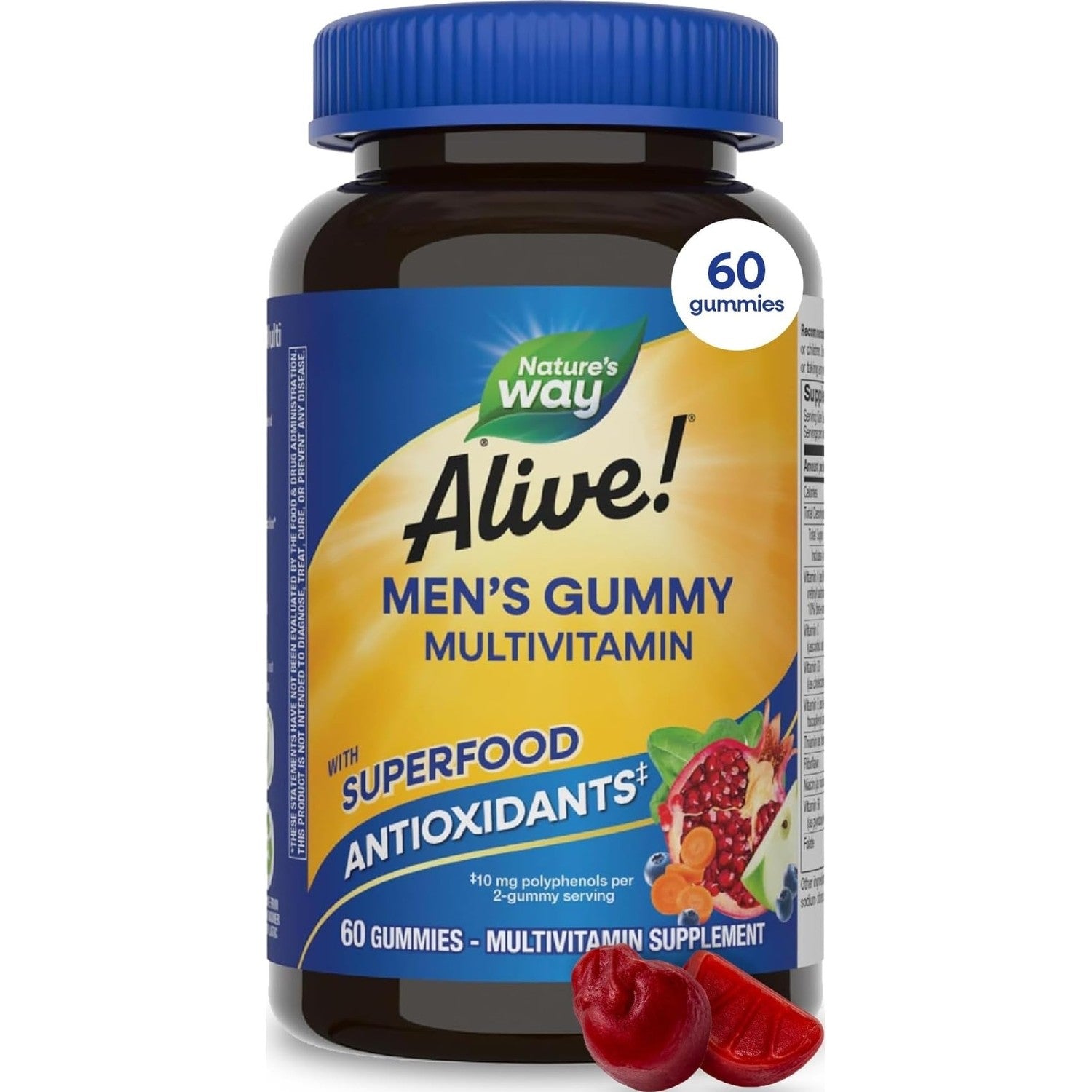 Nature's Way Alive! Men’s Multivitamin Gummy, Vitamin A, C, D3, Zinc, 60 ct | Daily Vitamin Gummies for Men, Supports Cellular Energy Metabolism, Immune Health, Muscle Function*, Vegetarian