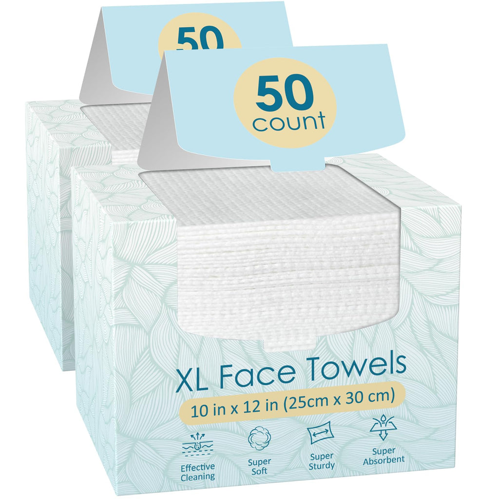 Fygrip 2 Pack of 50 count XL Disposable Face Towels 10” x 12” | 100% Viscose Fibre, Soft & Skin Friendly Face Towelettes Disposable, Facial Tissue Wipes for Women Cleansing