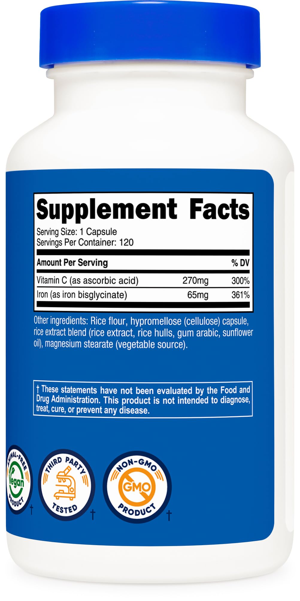Nutricost Iron (65mg) with Vitamin C (270mg) 120 Capsules - Vegan, GMO-Free