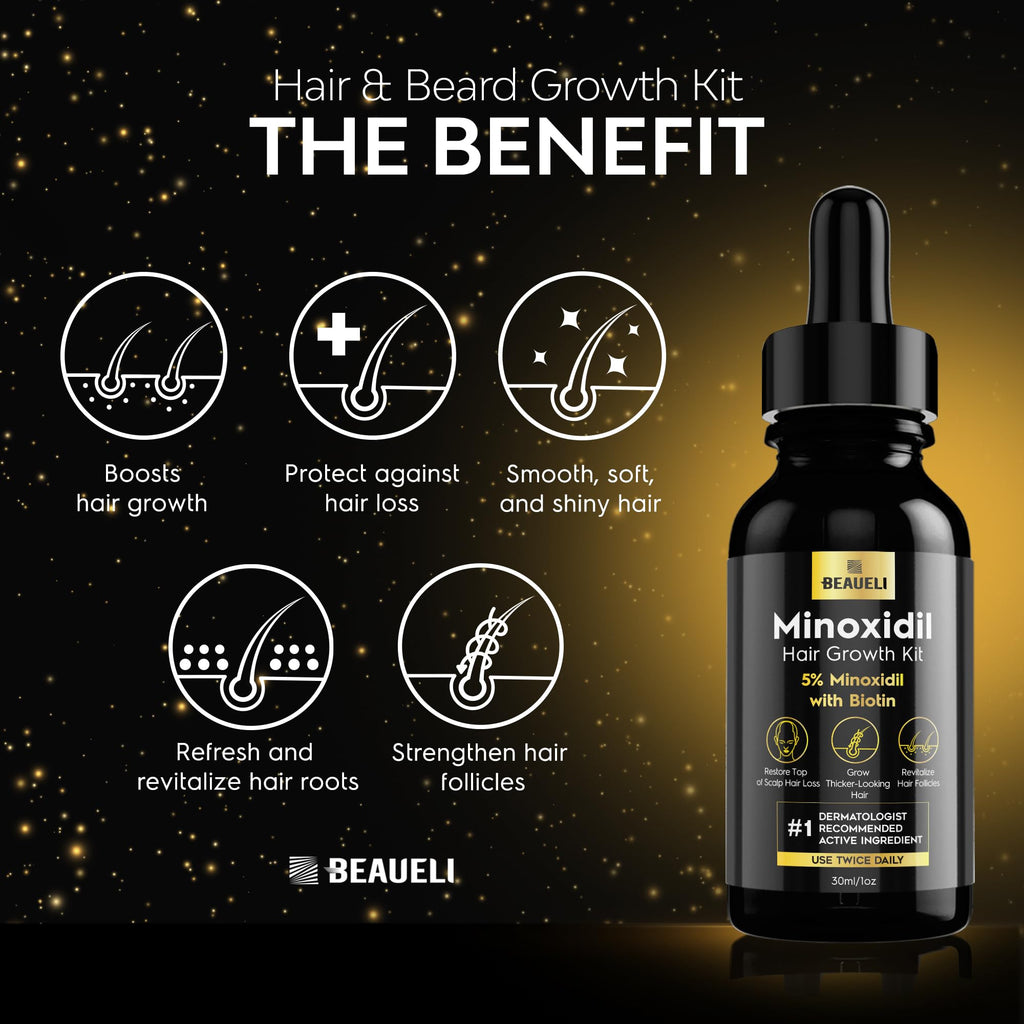 Beaueli Minoxidil Beard Growth Kit For Men and Women, Hair Loss and Hair Regrowth Treatments, Minoxidil 5%, Black