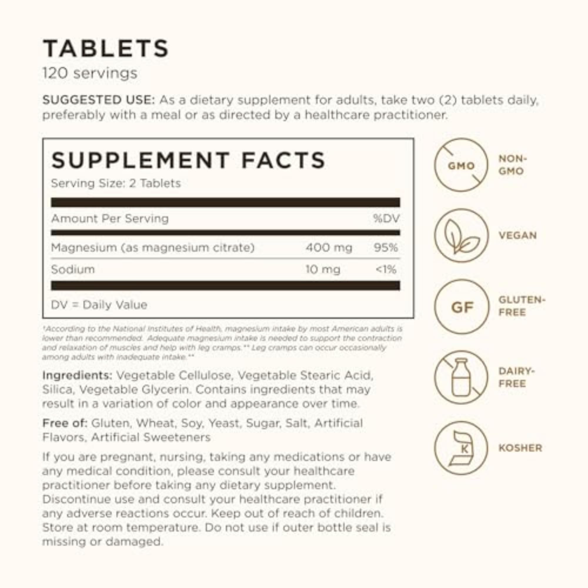 Solgar Magnesium Citrate, 120 Tablets - Promotes Calm, Non-GMO, Gluten Free | Supports Muscle Function and Relaxation, Gluten Free - 120 Tablet Serving