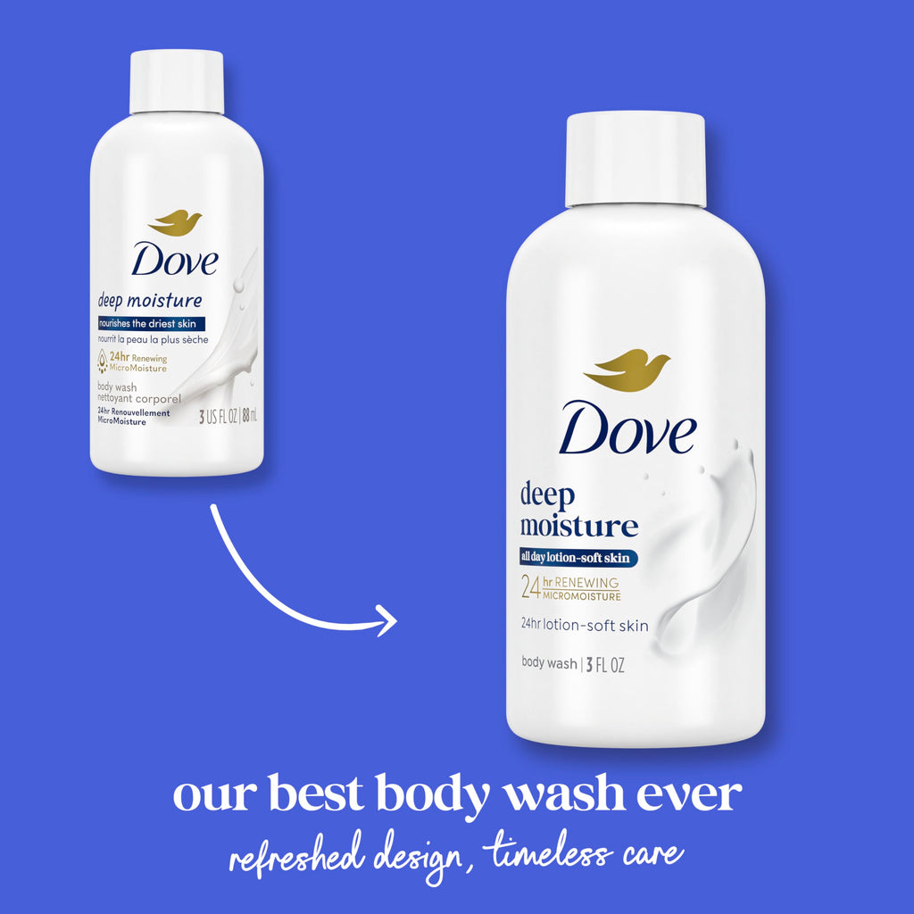 Dove Body Wash Deep Moisture for 24hr Lotion-Soft Skin Moisturizing Skin Cleanser with No Sulfates No Parabens 3 oz | Dove Deep Moisture Body Wash hydrates dry skin for 24 hours with a sulfate-free formula and MicroMoisture technology.