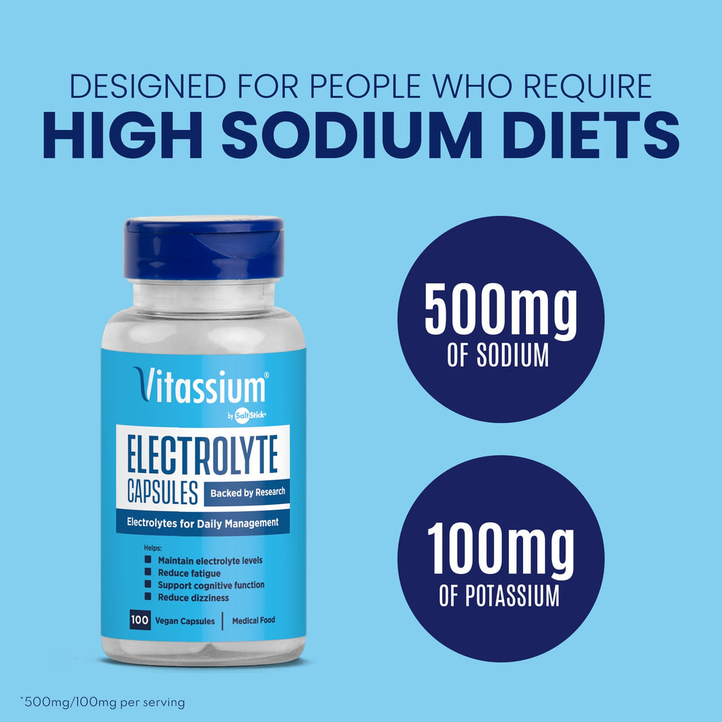 Vitassium Electrolytes Salt Pills for POTS Scientifically Formulated 100ct | Made for POTS & high sodium diets. Developed with patients, doctors and caregivers. 500mg sodium per 2-capsule serving.