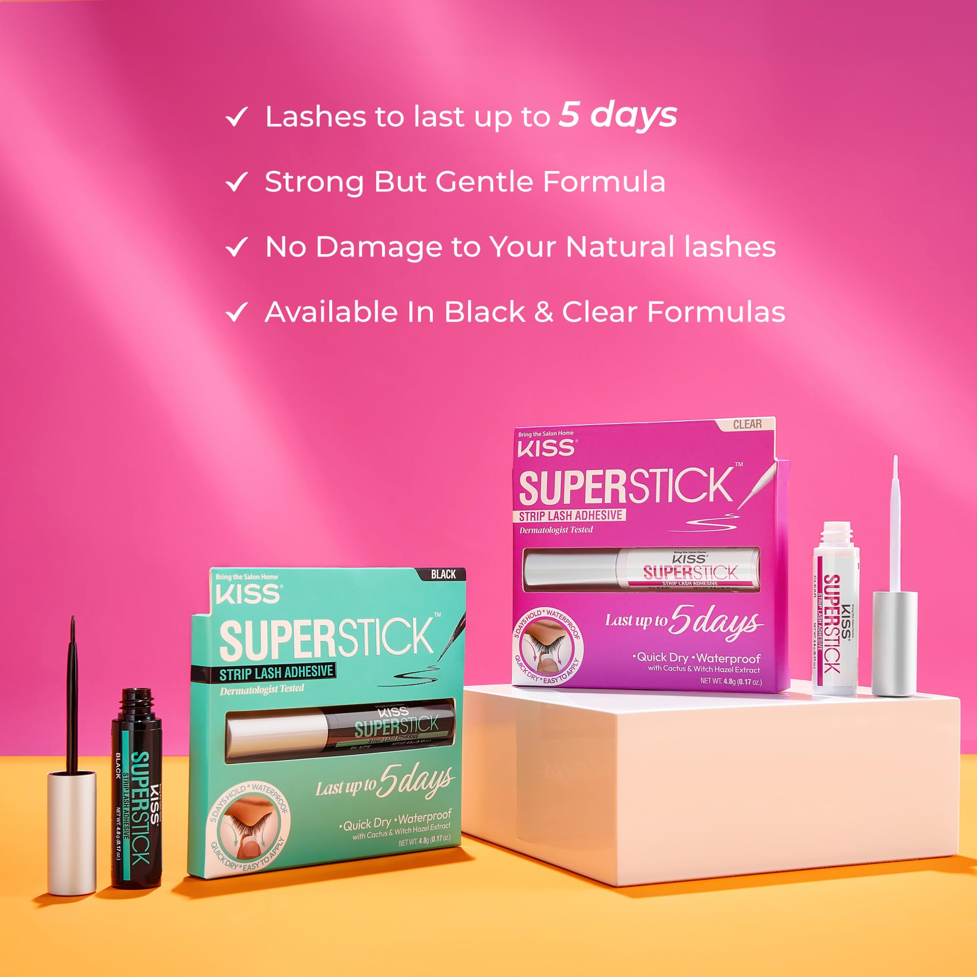 Kiss SuperStick Lash Glue for Strip Eyelashes, Black, 0.17 Oz (4.8 g), Dermatologist-Tested, Extended Wear Lash Adhesive, Easy-to-Apply Quick-Dry Brush Applicator, Waterproof on Normal Skin