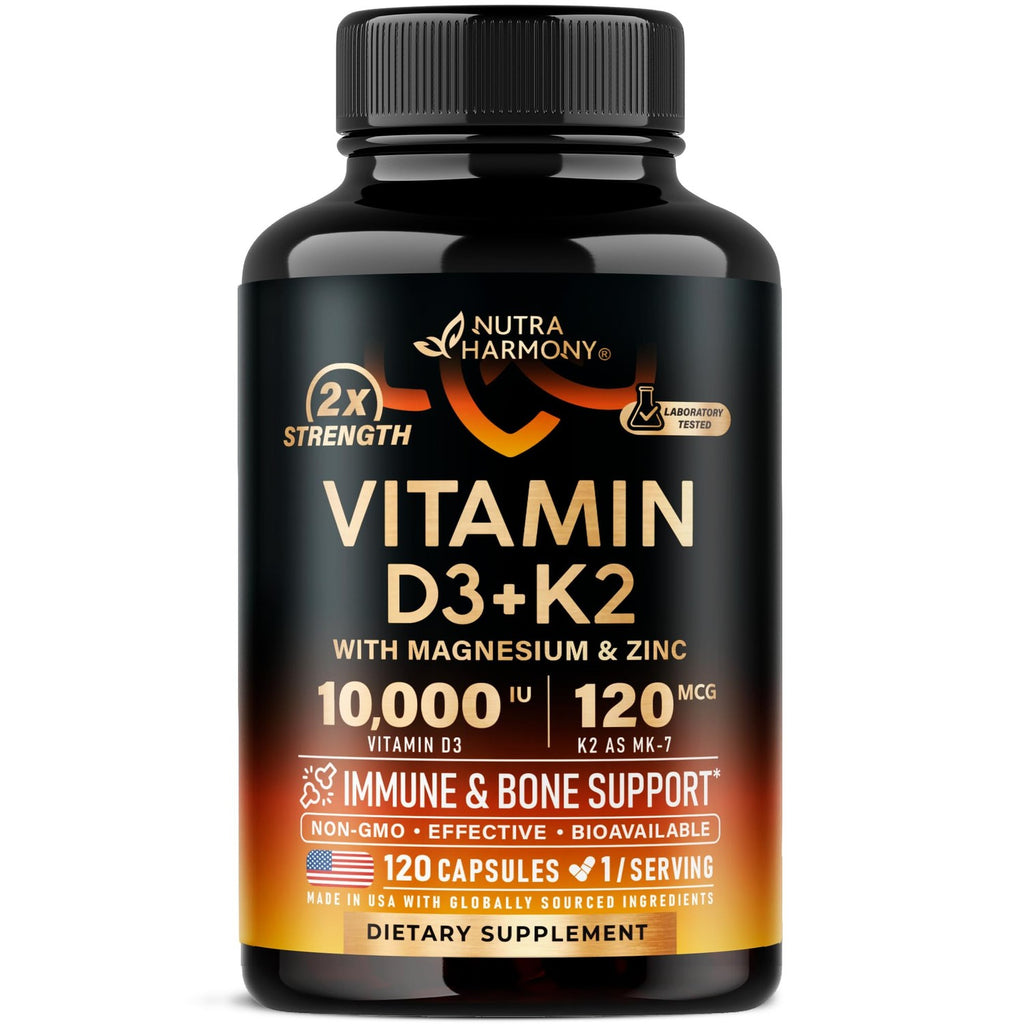 Vitamin D3 K2 - Vitamin D3 10000 iu & K2 as MK-7 120 mcg Complex - 120 Caps | D3 K2 + Magnesium, Zinc & Vitamin C & B12- Immune & Mood Support, Bone & Teeth Health - for Men & Women - Highly Bioavailable