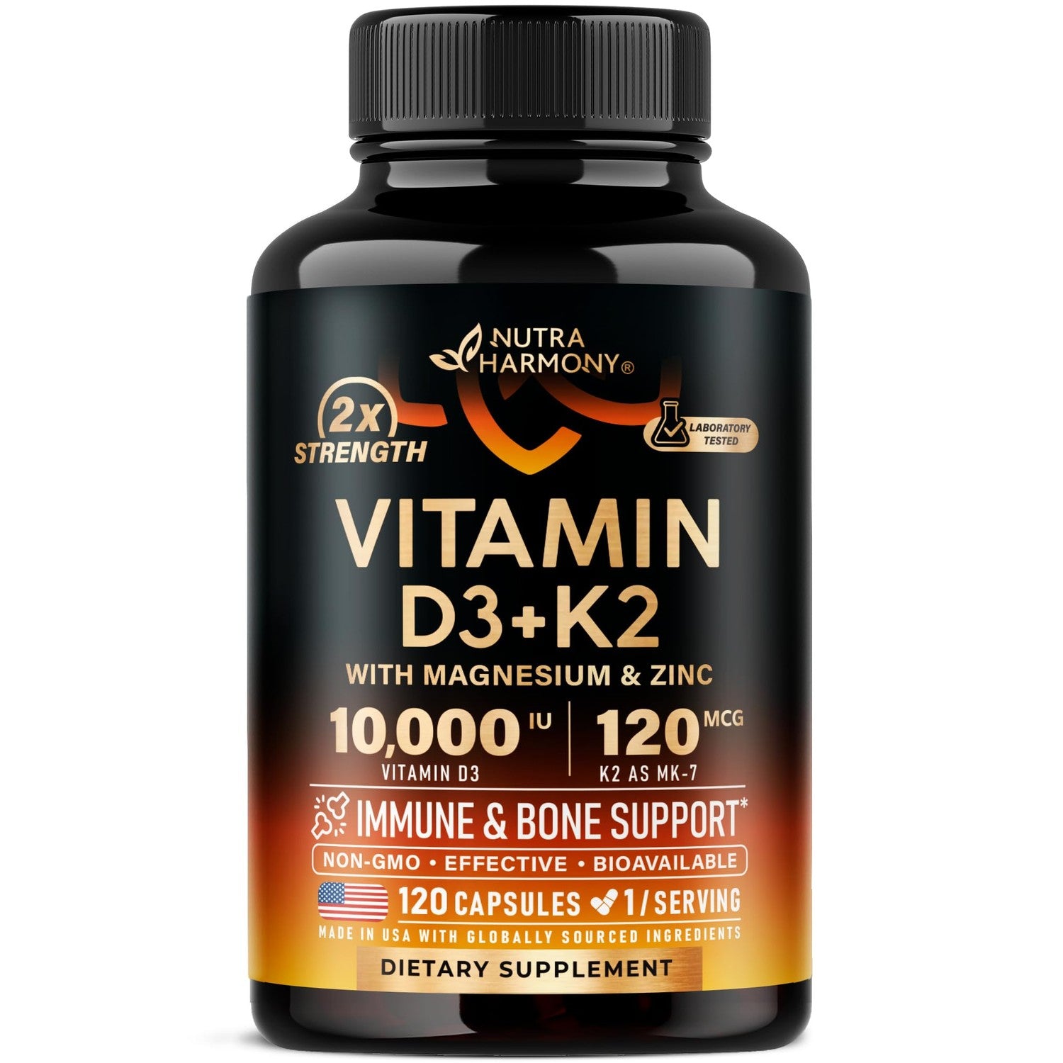 Vitamin D3 K2 - Vitamin D3 10000 iu & K2 as MK-7 120 mcg Complex - 120 Caps | D3 K2 + Magnesium, Zinc & Vitamin C & B12- Immune & Mood Support, Bone & Teeth Health - for Men & Women - Highly Bioavailable