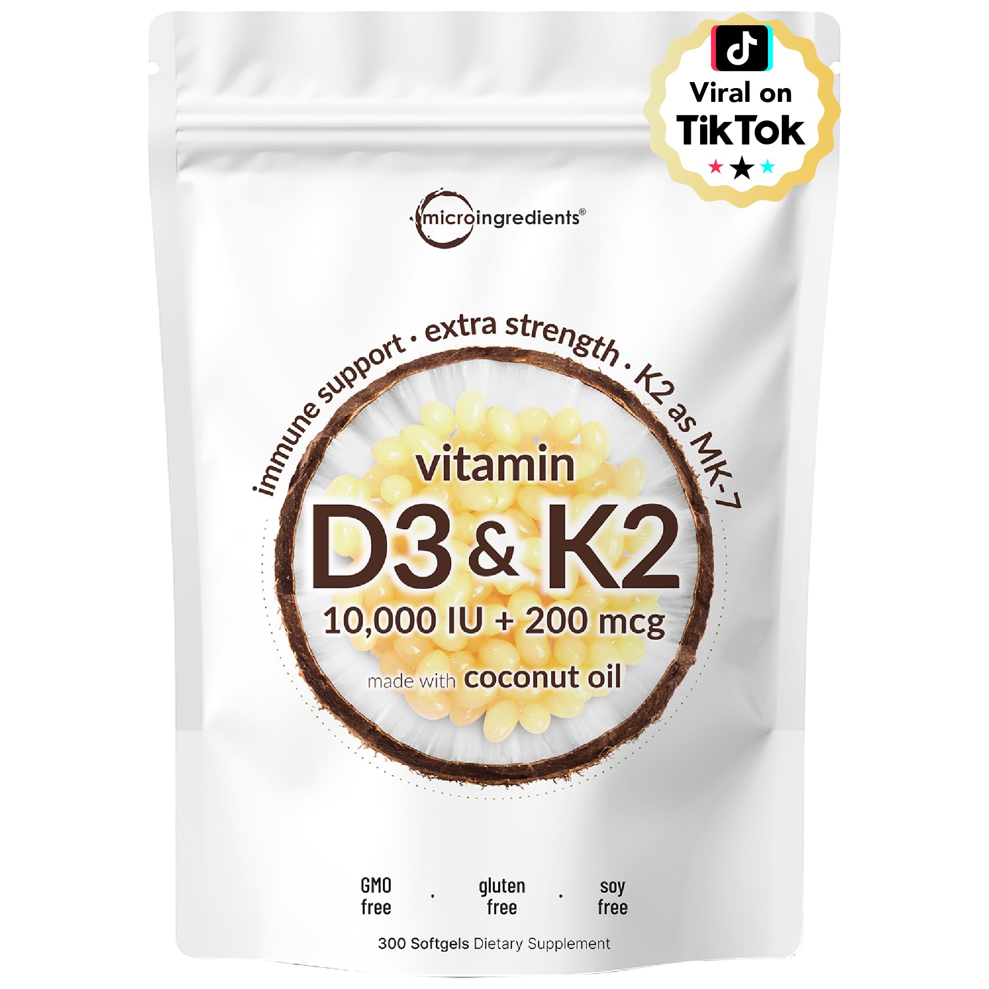 Micro Ingredients Vitamin D3 K2 MK-7 10,000 IU Per Serving, 300 Softgels | Made with Virgin Coconut Oil, K2 200 mcg Per Serving. D3 & K2 Vitamin Supplement. Easy-to-Swallow. Non-GMO, Gluten Free.