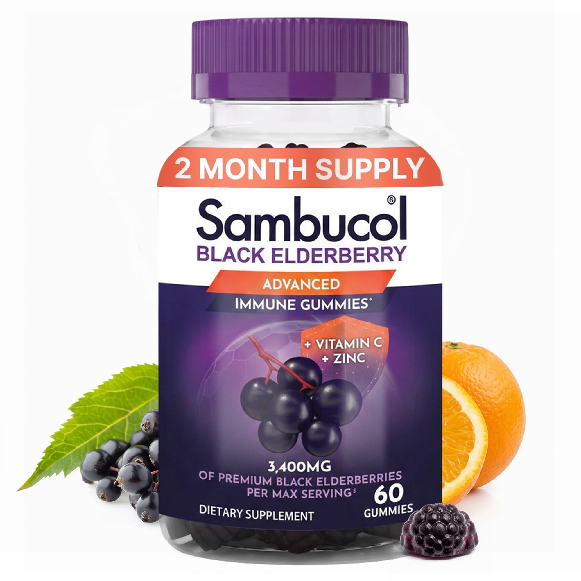 Sambucol Elderberry Gummies - Immune Support Supplement - 90 Count | Advanced Formula For Adults & Kids with Vitamin C & Zinc, Sambucol Elderberry are High in Antioxidants, Gluten Free, Vegan