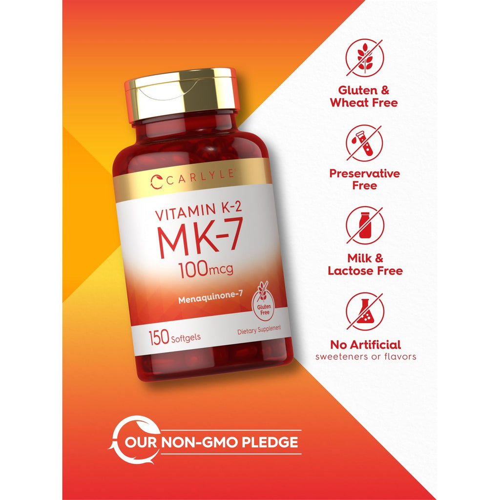 Carlyle Vitamin K2 MK7 100 mcg | 150 Softgels | Bioactive Trans-Form MK7 | Non-GMO & Gluten Free Supplement