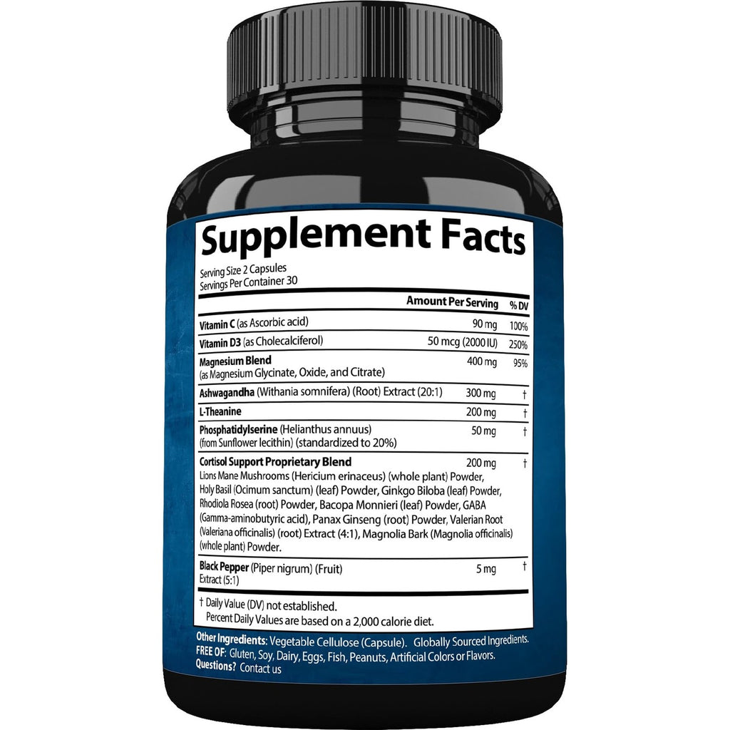 StrongVit Cortisol Supplements for Women and Men with Magnesium, Ashwagandha & L-Theanine. High Cortisol Reducer, Manager, Detox, Lower and Control. Sleep Support & Stress Relief, USA