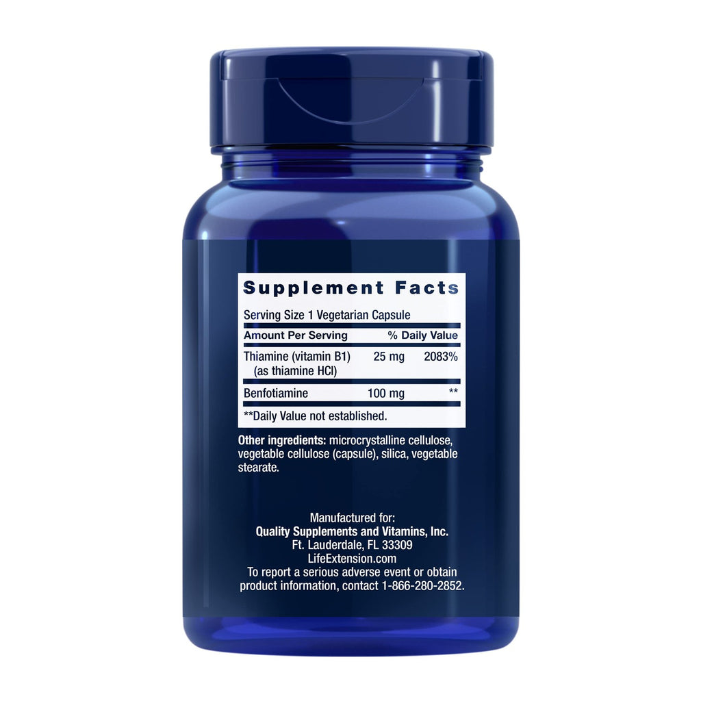 Life Extension Benfotiamine with Thiamine, 100 mg benfotiamine, Cardiovascular Health, Brain Health, Non-GMO, Gluten-Free, 120 Vegetarian Capsules