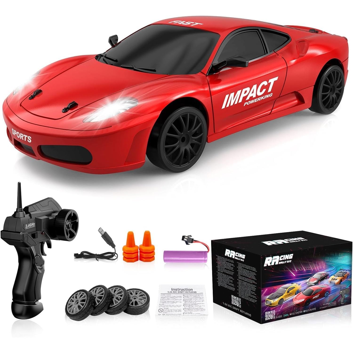 Buy now Remote Control Car RC Drift Car 2.4GHz 1:24 Scale 4WD High Speed RC Cars Vehicle with LED Lights Batteries and Drifting Tires Racing Sport Toy Cars for Adults Boys Girls Kids Gift Red-a at indiglob india