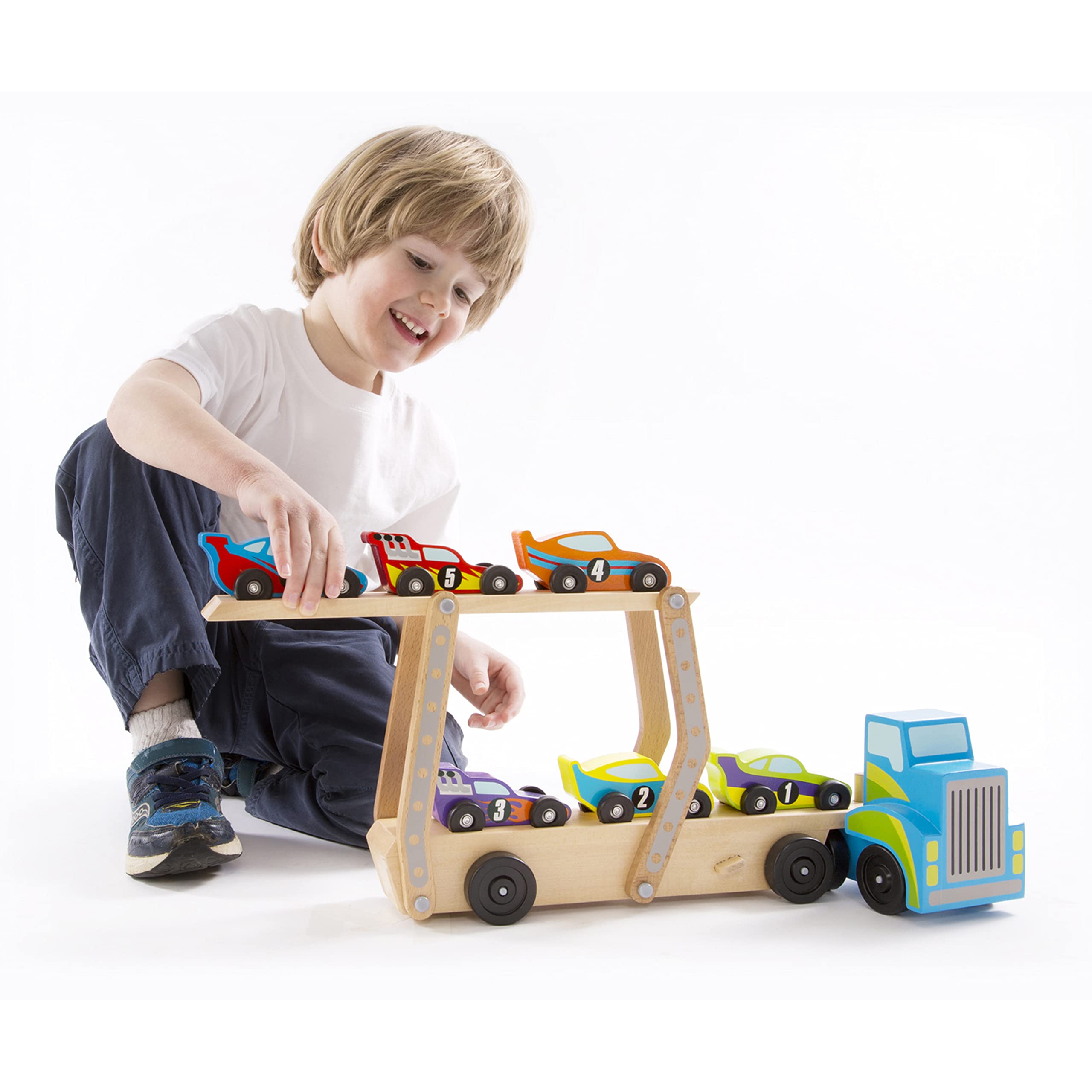 Buy now Melissa & Doug Mega Race-Car Carrier - Wooden Tractor and Trailer with 6 Unique Race Cars at indiglob india