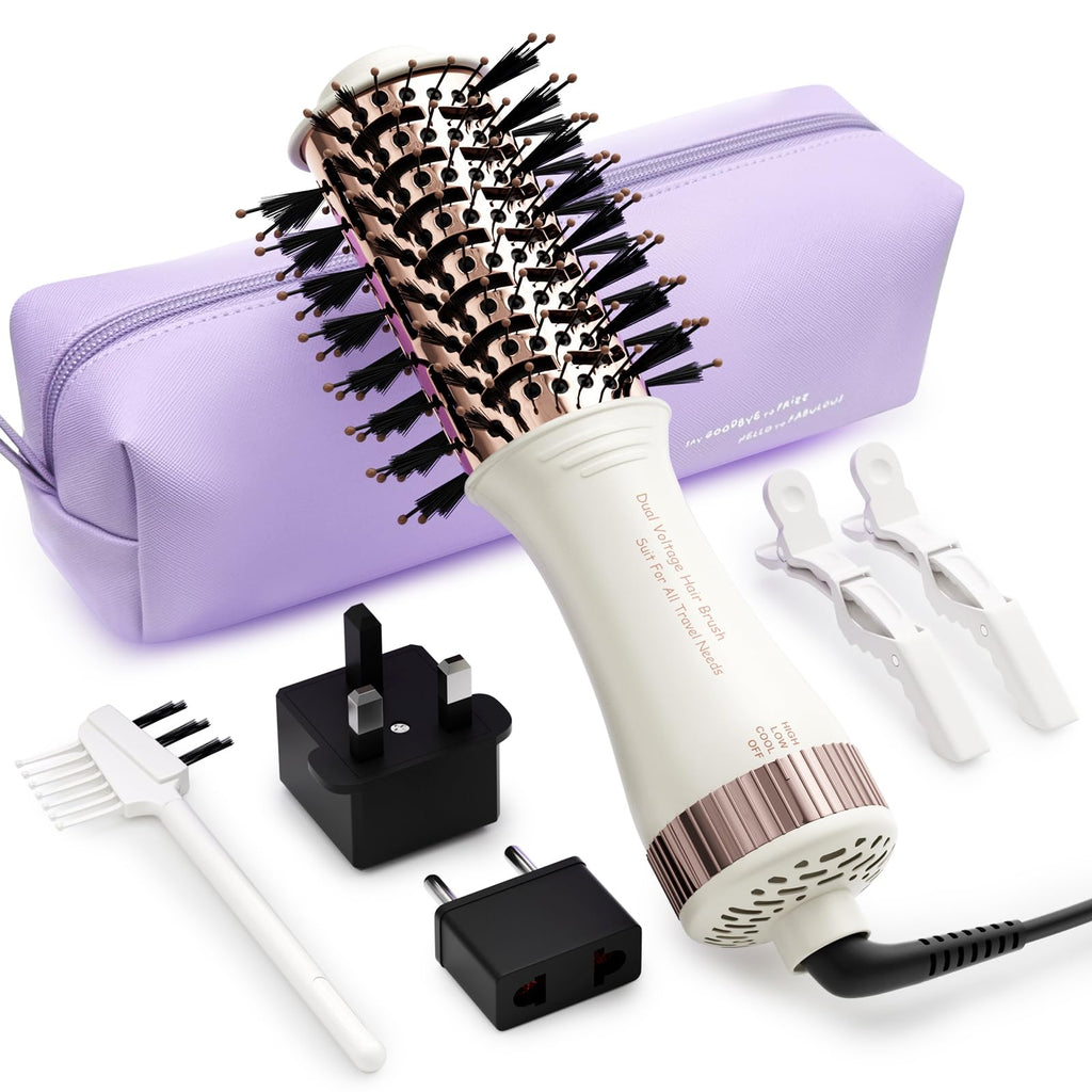 Stylish 4-in-1 hair dryer brush with dual voltage, including attachments and travel case. Verified by CuratCart.