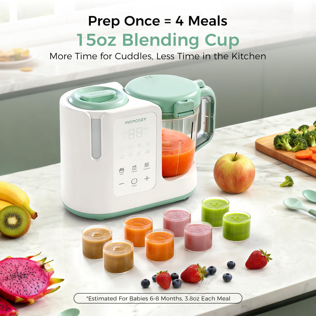 Momcozy AutoMeal Baby Food Maker – One-Step Auto Steam & Blend Food Processor, 15oz Large Cup & 6-Blade Design, Self-Cleaning, Auto 3-Stage Texture Settings for Effortless Homemade Baby Puree