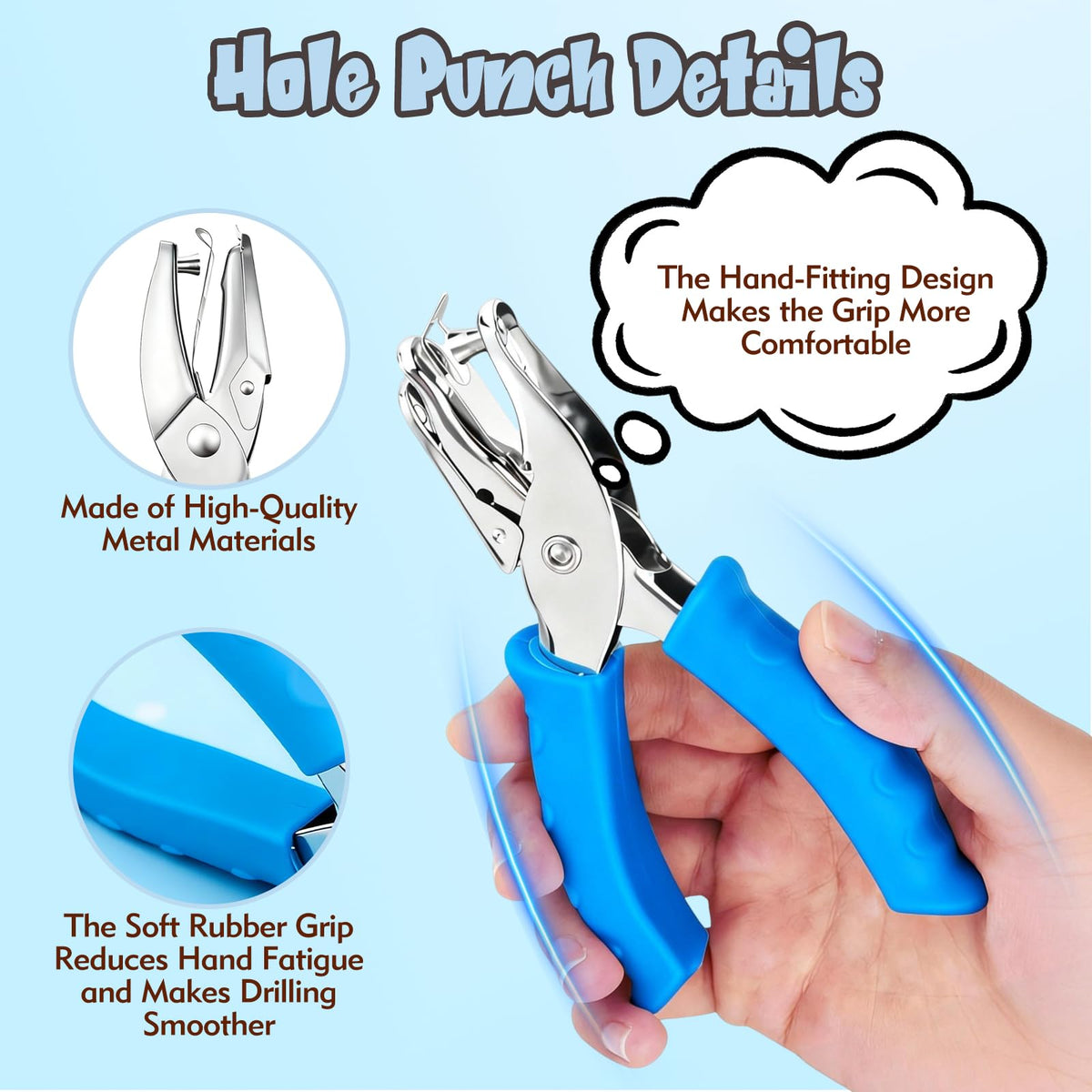 2 Pcs Hole Punch, 1/4" and 1/8" Hole Puncher with Blue Soft Grip