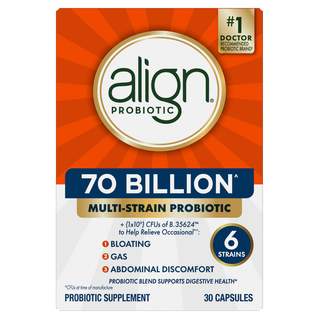 Align Probiotic, 70 Billion CFU, 6 Strain Blend, Probiotics for Women and Men, Daily Probiotics for Digestive Health, Helps Relieve Occasional Bloating & Gas 30 Capsules