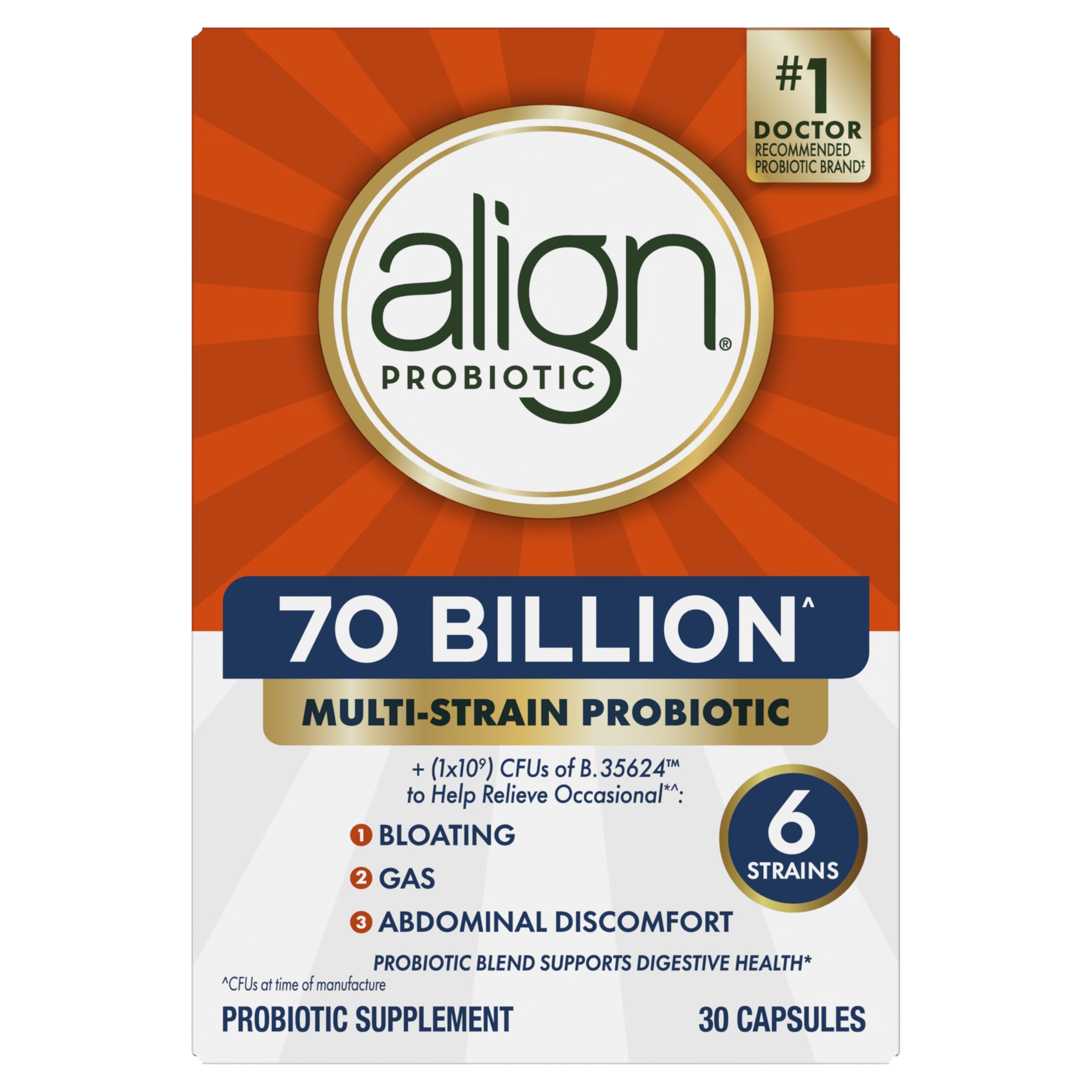 Align Probiotic, 70 Billion CFU, 6 Strain Blend, Probiotics for Women and Men, Daily Probiotics for Digestive Health, Helps Relieve Occasional Bloating & Gas 30 Capsules