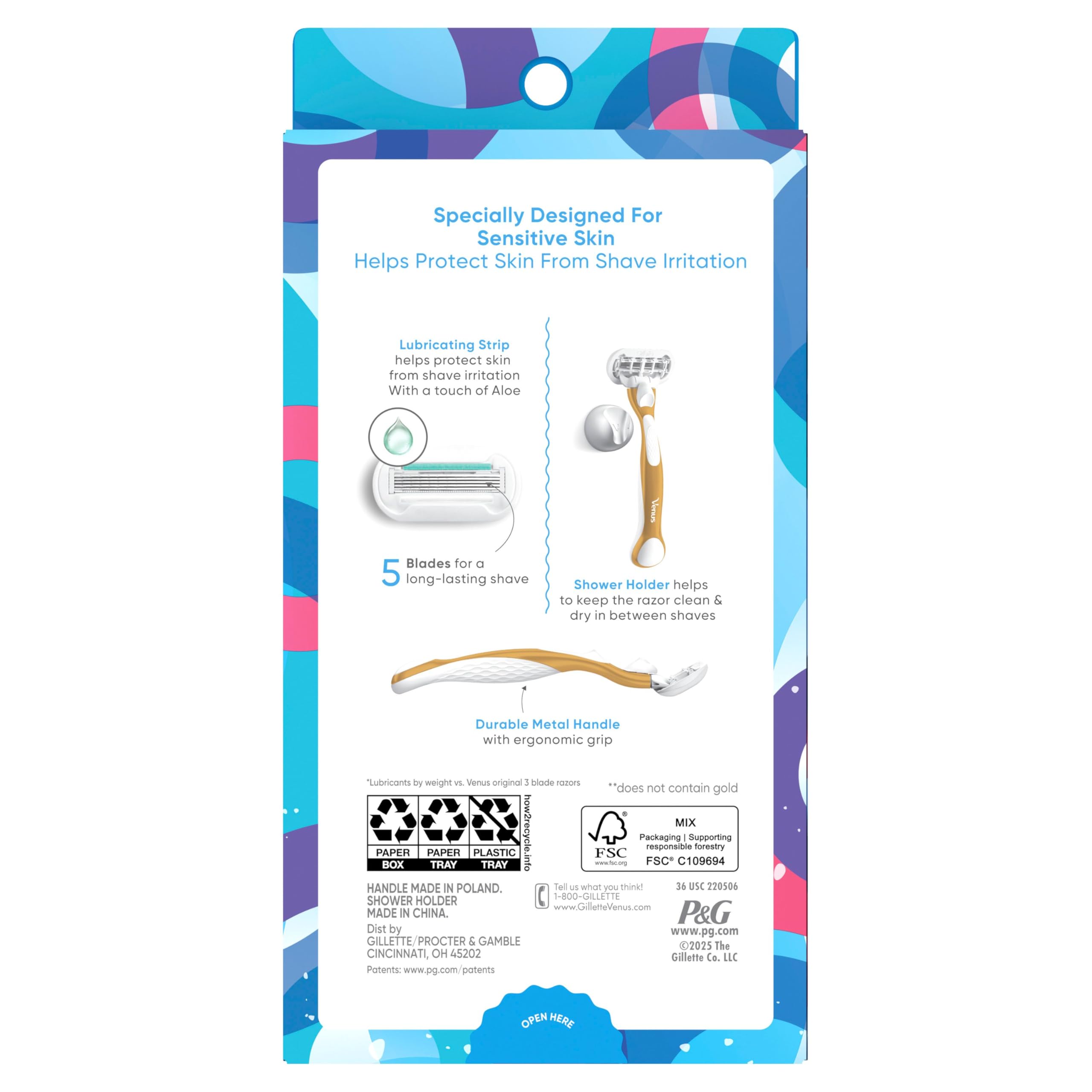 Gillette Venus Extra Smooth Sensitive Gold Women's Razor Handle + 2 Blade Refills, includes Shower Holder