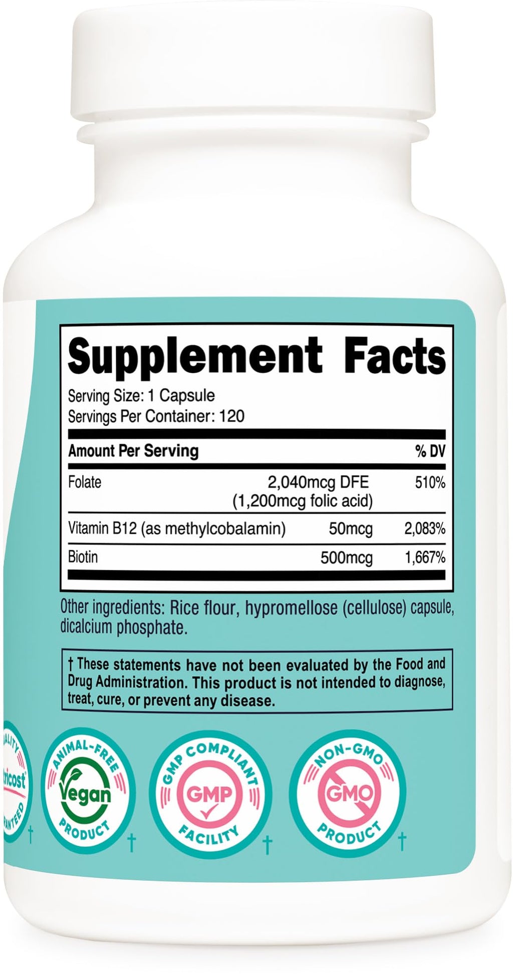 Nutricost Folic Acid for Women (Vitamin B9) 1200 mcg, 120 Capsules
