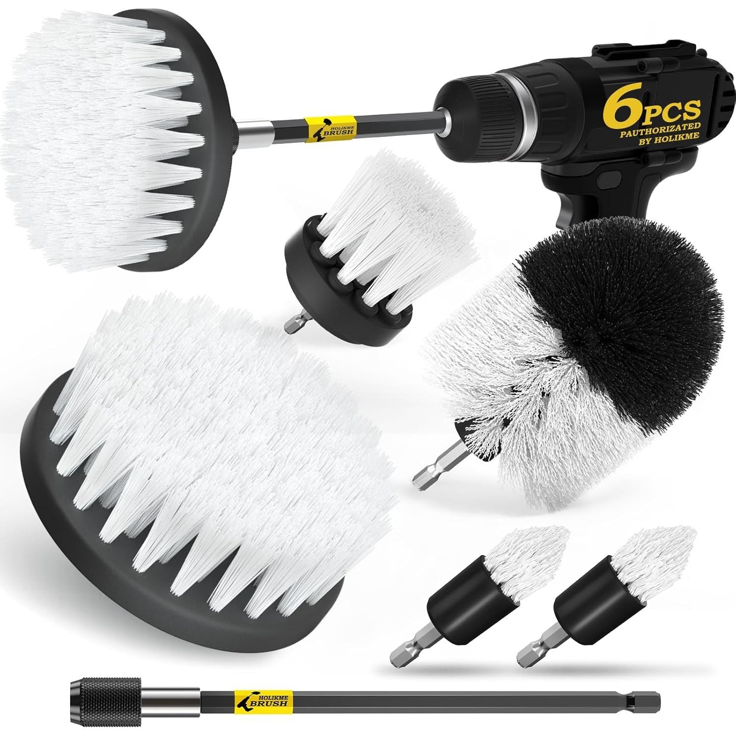 Buy now Holikme 6Pack Drill Brush Power Scrubber Cleaning Brush Extended Long Attachment Set All Purpose Drill Scrub Brushes Kit for Grout, Floor, Tub, Shower, Tile, Bathroom and Kitchen Surface，Yellow White at indiglob india