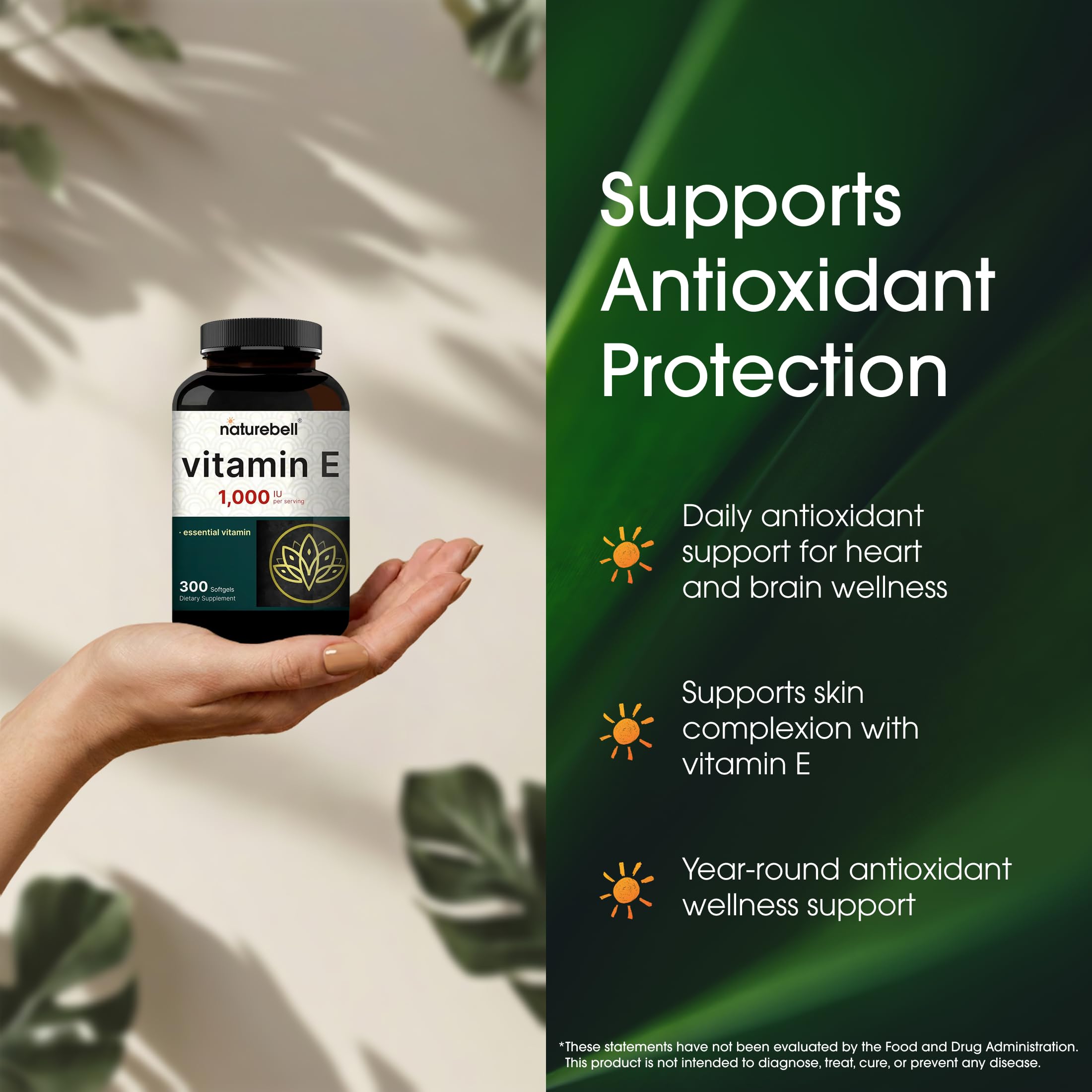 NatureBell Vitamin E 1,000 IU Per Serving - 300 Softgels (5-Month Supply) - 3rd Party Tested Antioxidant Supplement for Skin, Heart & Brain Health Support - High Potency* - Gluten-Free & Non-GMO