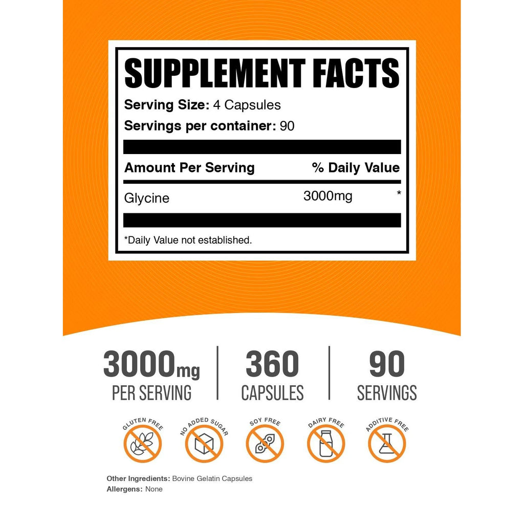 BulkSupplements.com Glycine Capsules - Amino Acid Supplement, 3000mg - Gluten Free, 4 Capsules per Serving, 360 Count (Pack of 1)