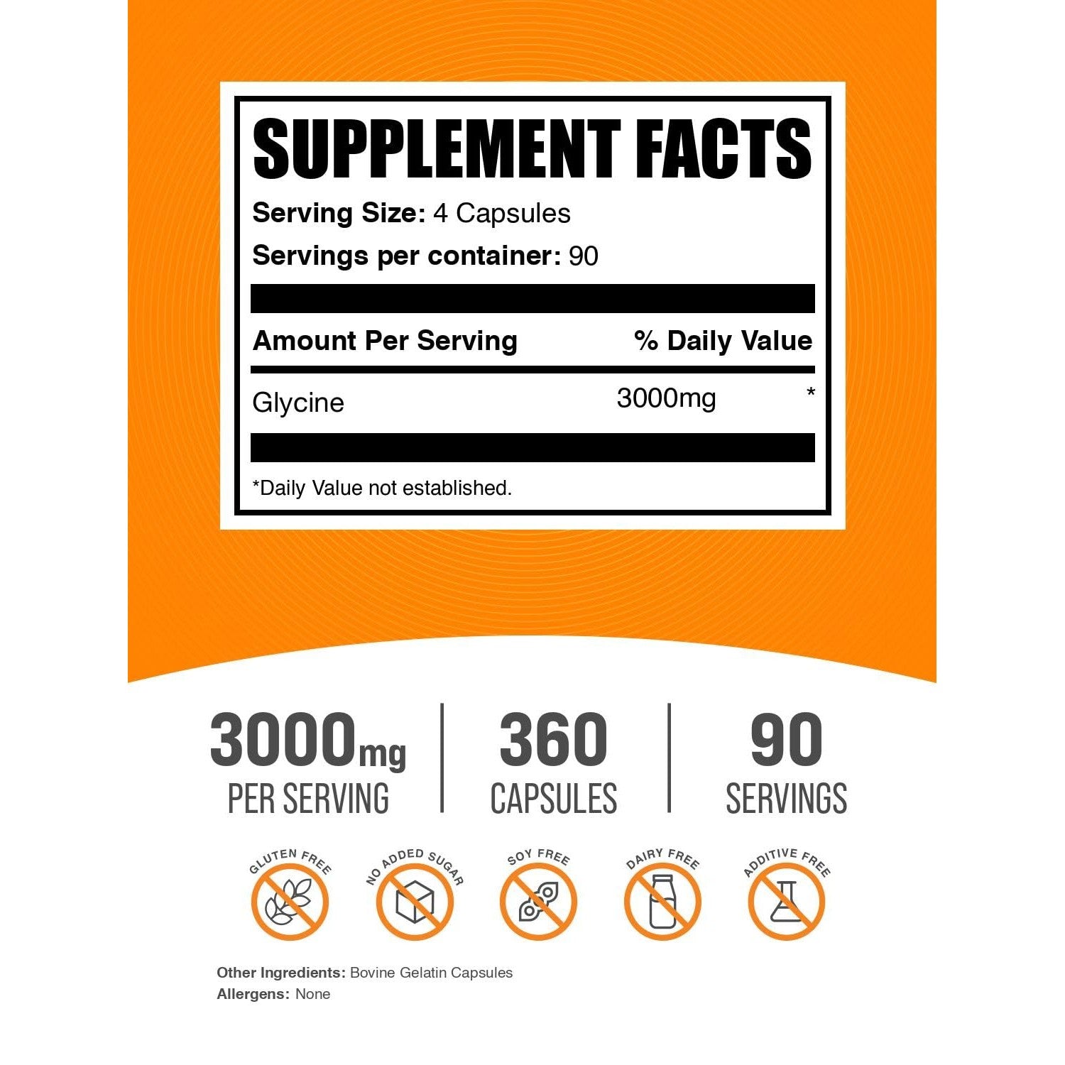 BulkSupplements.com Glycine Capsules - Amino Acid Supplement, 3000mg - Gluten Free, 4 Capsules per Serving, 360 Count (Pack of 1)