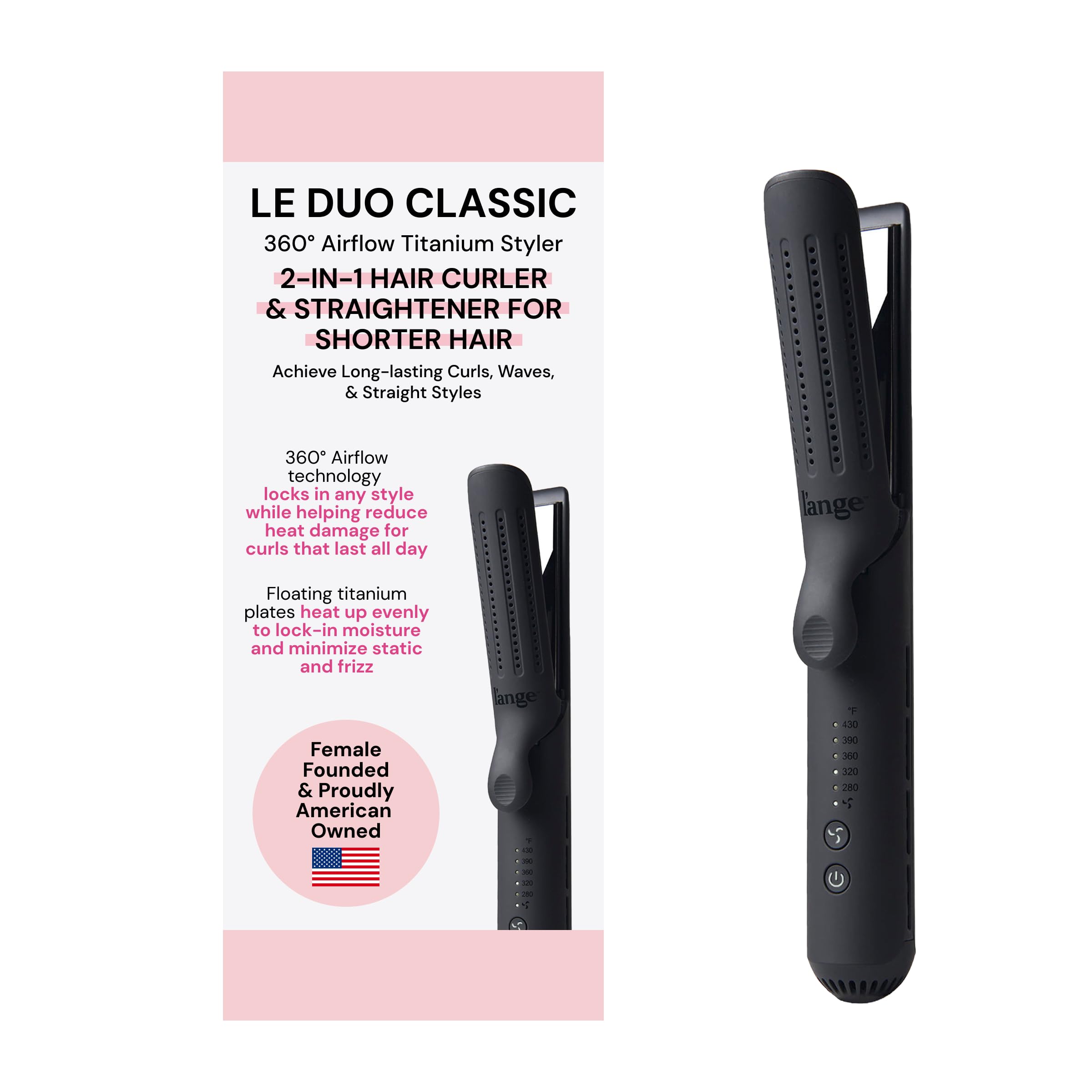 L'ANGE HAIR Le Duo Grande 360° Airflow Styler | Curl & Straighten with One Tool | 5.3" Snag-Free Titanium Plates | Cooling Air Vents to Set Curls | Adjustable Temp & Auto Shut-Off | Blush