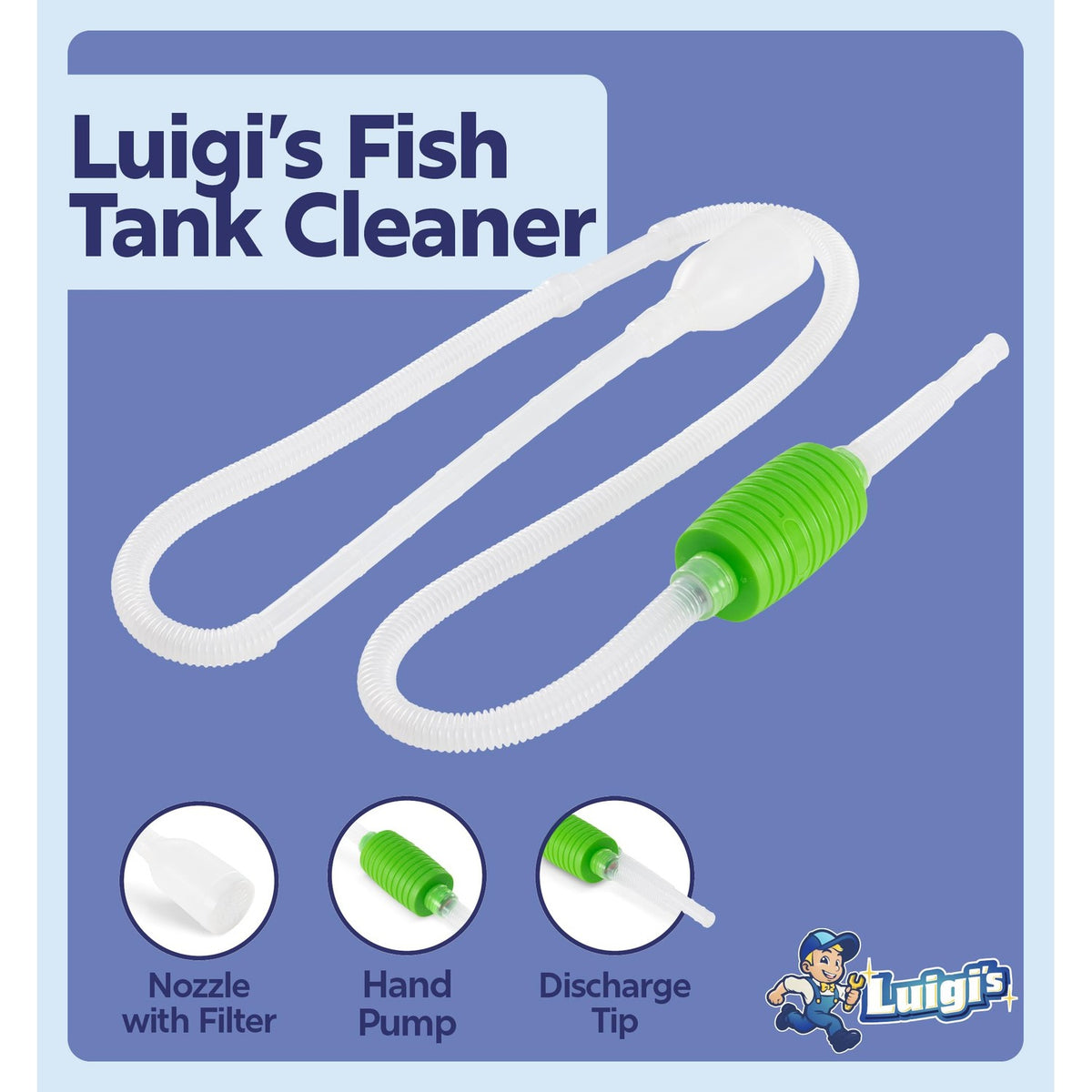 Luigi's Fish Tank Cleaner - Turtle Tank Accessories - Gravel Vacuum for Aquarium - Hand Siphon Hose to Remove and Change Water or Sand in Minutes - Aquarium Cleaning Tools