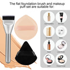 Flat Foundation Brush and Powder Puff Set, Korean Makeup Brush Teardrop Sponge for Liquid Foundation,Premium Face Makeup Brush Sponge for Blending Cream Setting Powder