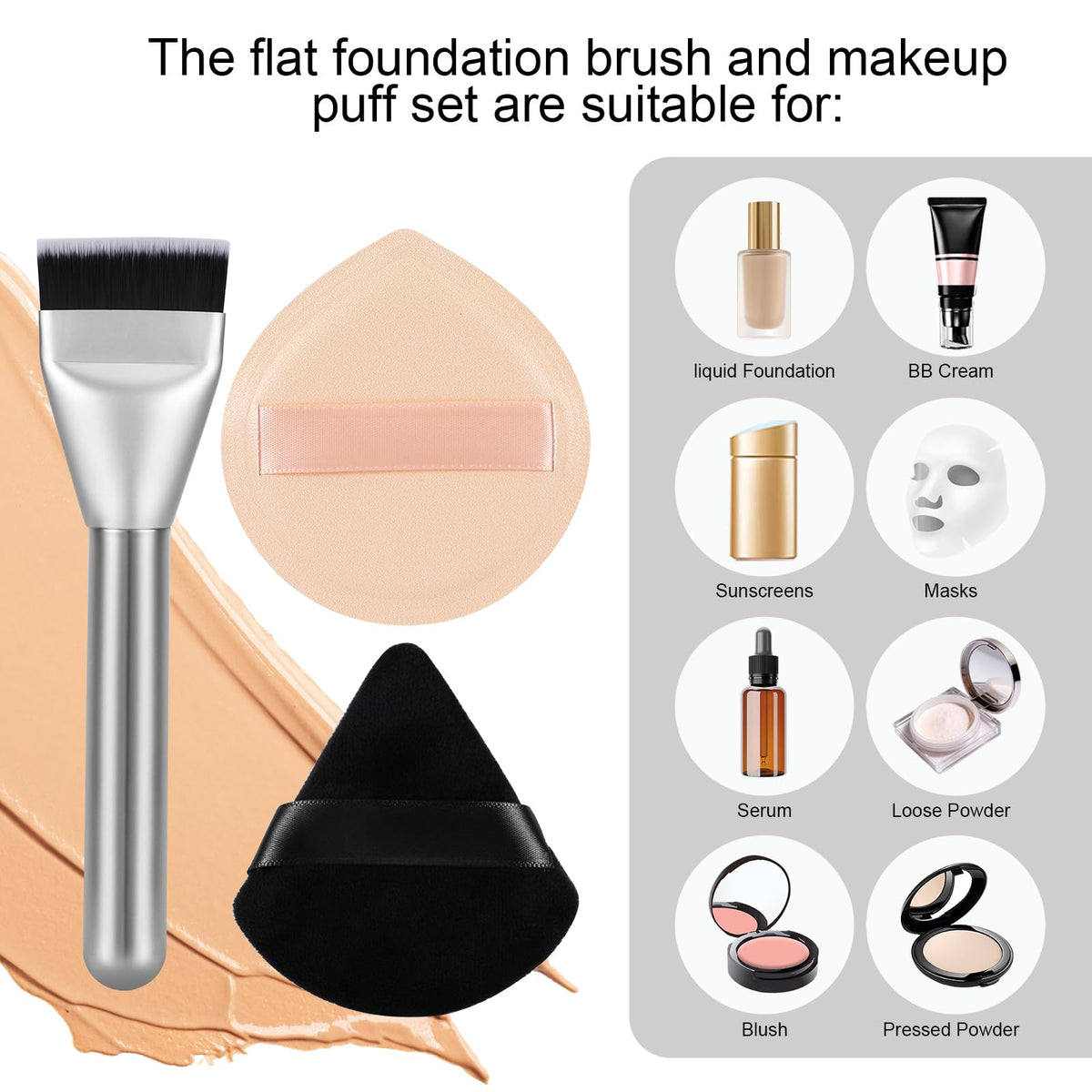 Flat Foundation Brush and Powder Puff Set, Korean Makeup Brush Teardrop Sponge for Liquid Foundation,Premium Face Makeup Brush Sponge for Blending Cream Setting Powder