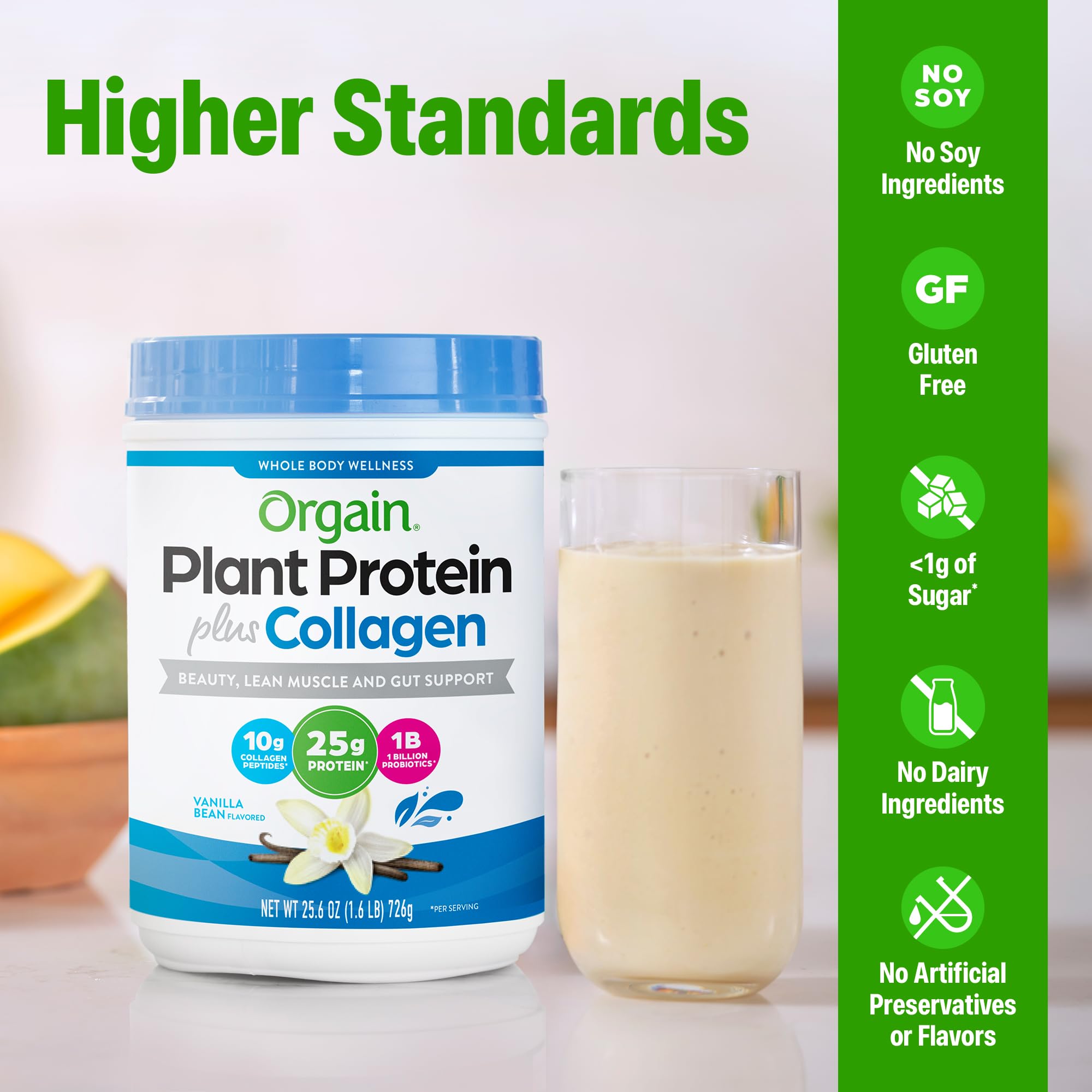 Orgain Organic 25g Protein + 10g Collagen Powder, Vanilla Bean, 1.6lb | Plant based protein with collagen peptides type I & III, 1B CFU probiotics, supports hair, skin, nails, joints & gut health