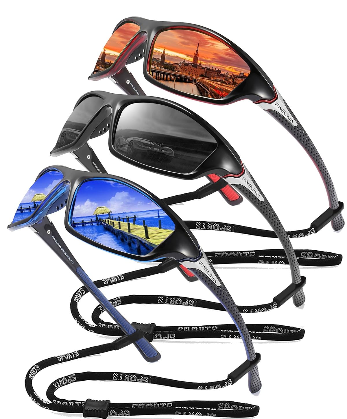 Buy now FAGUMA Sports Polarized Sunglasses For Men Cycling Driving Fishing UV400 Protection 02 Red+black+dark Blue(3 Pack) at indiglob india