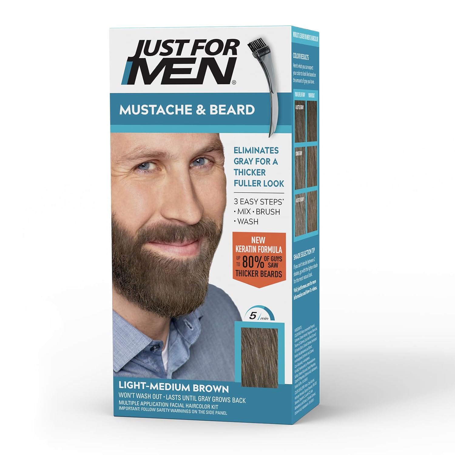 Buy now Just For Men Mustache & Beard, Beard Coloring for Gray Hair with Brush, with Keratin Biotin Aloe and Coconut Oil for Healthy Facial Hair - Medium-Dark Brown, M-40, Pack of 3 (Packaging May Vary) 1 Count (Pack of 1) Light-Medium Brown M-30 at indiglob india