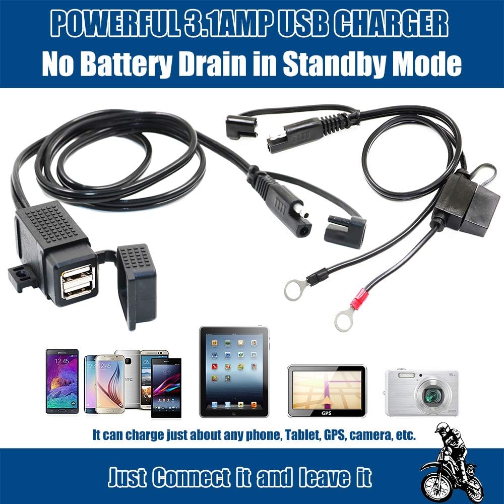 Buy now MOTOPOWER MP0609EA 3.1Amp Waterproof Motorcycle Dual USB Kit SAE to USB Adapter Cable with SAE Ring Terminal Cable Harness at indiglob india
