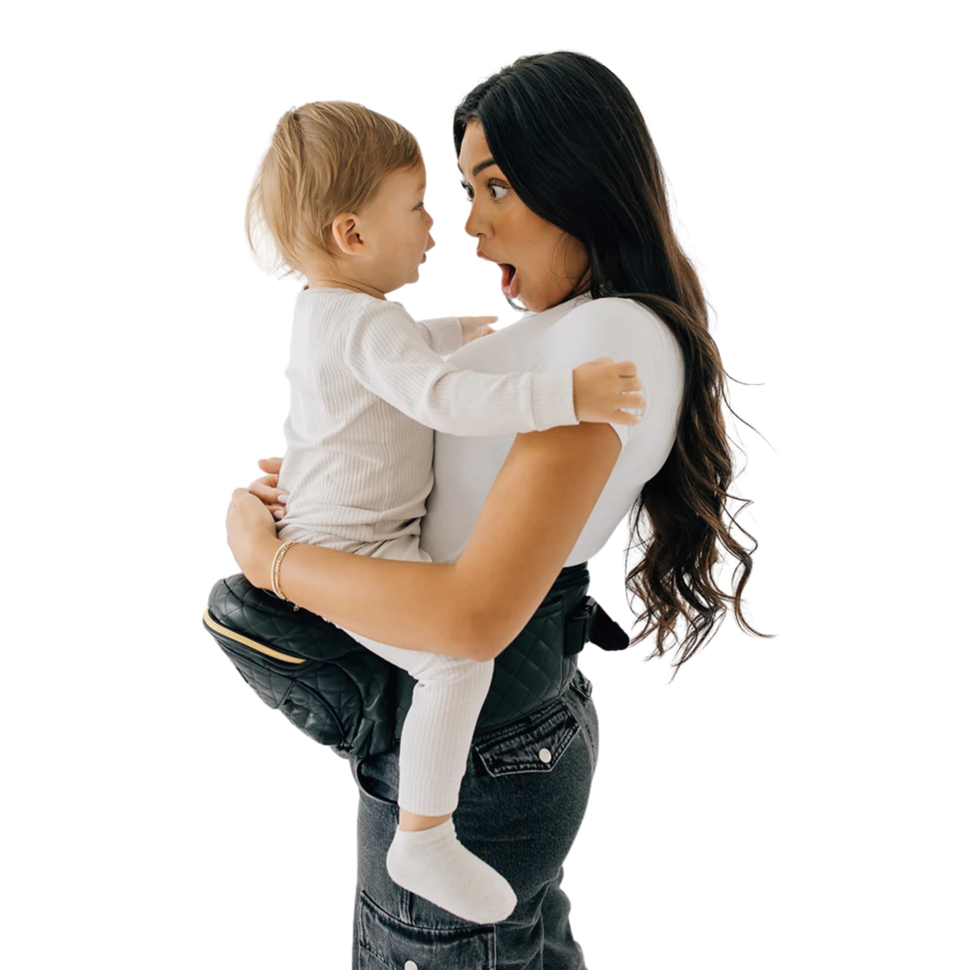 Buy now Tushbaby Original Hip Seat Baby Carrier for Babies & Toddlers up to 45 lbs, Safety Certified, Lightweight No-Foam Design with Storage & Nursing Support, Grey Black Vegan Leather at indiglob india