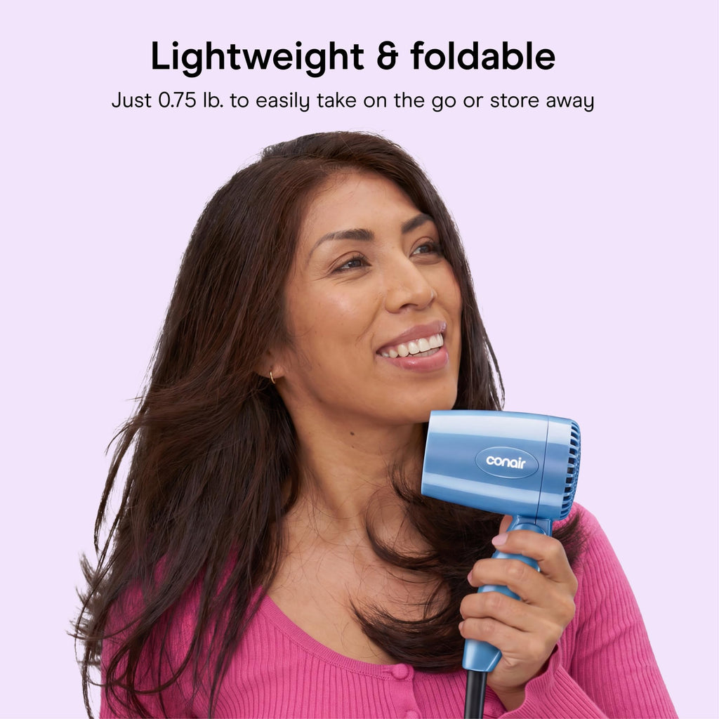 Conair Dual Voltage Hair Dryer, Compact Folding Handle Design, 1600W | Travel blow dryer for on-the-go styling with foldable 0.75-lb design, high-velocity airflow, and various heat/speed settings