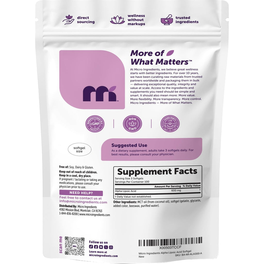 Micro Ingredients Alpha Lipoic Acid 600mg Per Serving, 300 Softgels | ALA Supplement | Made with MCT Oil| Non-GMO, Gluten-Free, Soy-Free