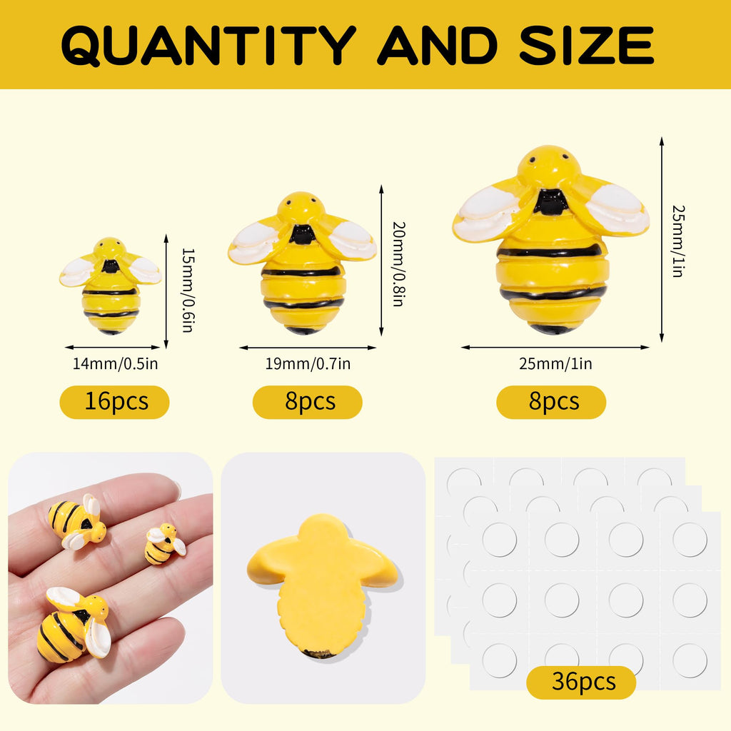 Tiny Resin Bees for Crafts,32Pcs Small Plastic Bumble Bee Decor with 36 Double Self-Adhesive,Honey Bee Flatback Decoration for DIY Wreath Crafts Scrapbooking Party Home Birthday Decoration 3 Size