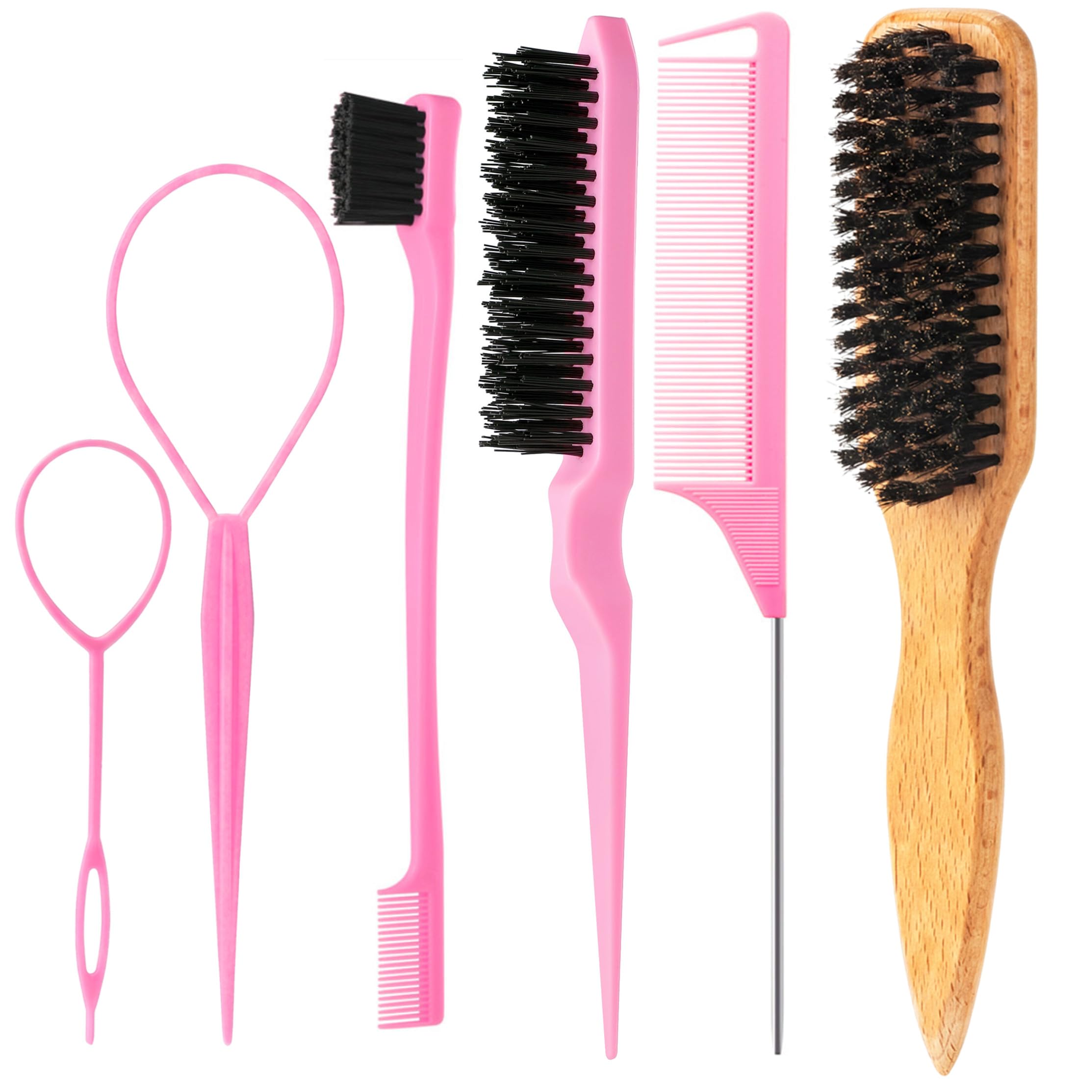 6PCS Hair Styling Tools Kit, Boar Bristle Wooden Brush, Rat Tail Metal Pin Parting Comb Edge Control Brush,Bristle Teasing Hair Brush Topsy Tail Loop Tools for Women Braiding & Edge Styling