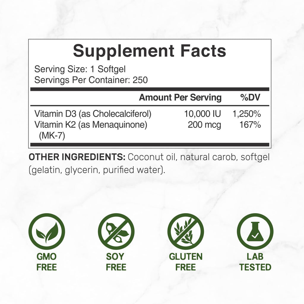 DEAL SUPPLEMENT Vitamin D3 10,000 IU + K2 MK7 200mcg Softgels, 250 Count | 2-in-1 Complex with Virgin Coconut Oil | Easy to Swallow