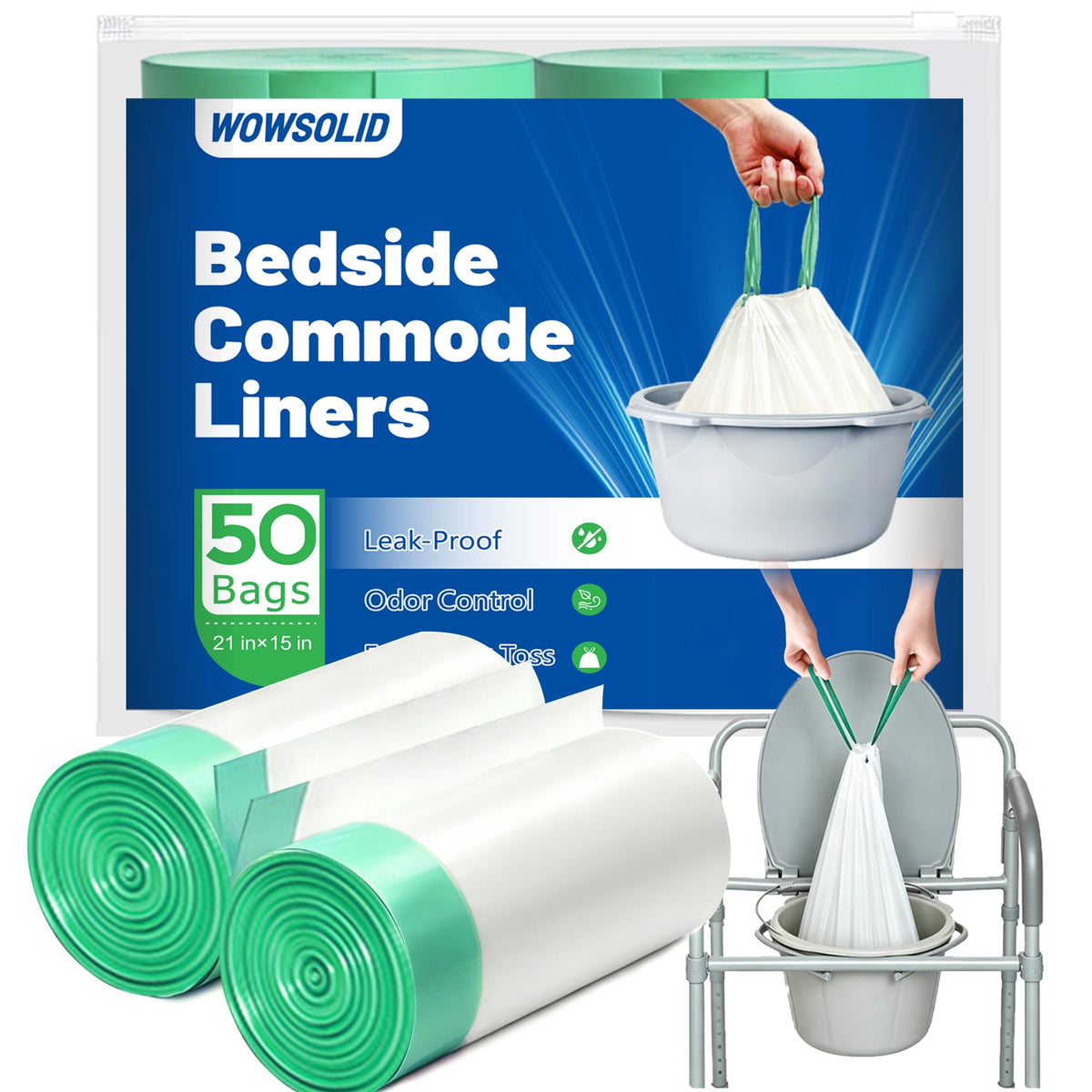 Bedside Commode Liners, Disposable Commode Bags with Drawstring 50 Pack