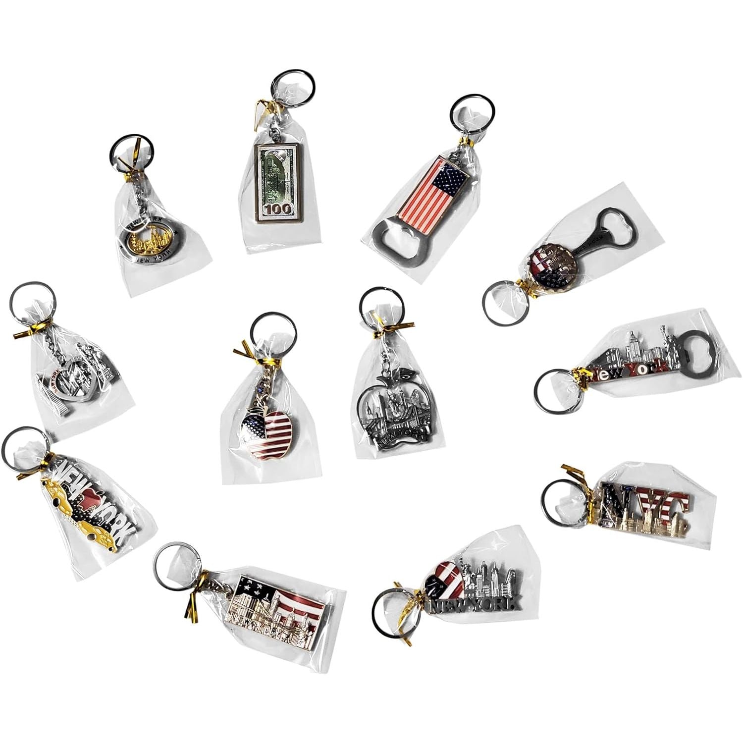 Buy now Spark 12-Pack New York City Souvenir Keychains – 3D Silver Metal NYC Landmark Set with Statue of Liberty, Empire State Building, Freedom Tower, Taxi Cab, USA Flag & Bottle Openers at indiglob india