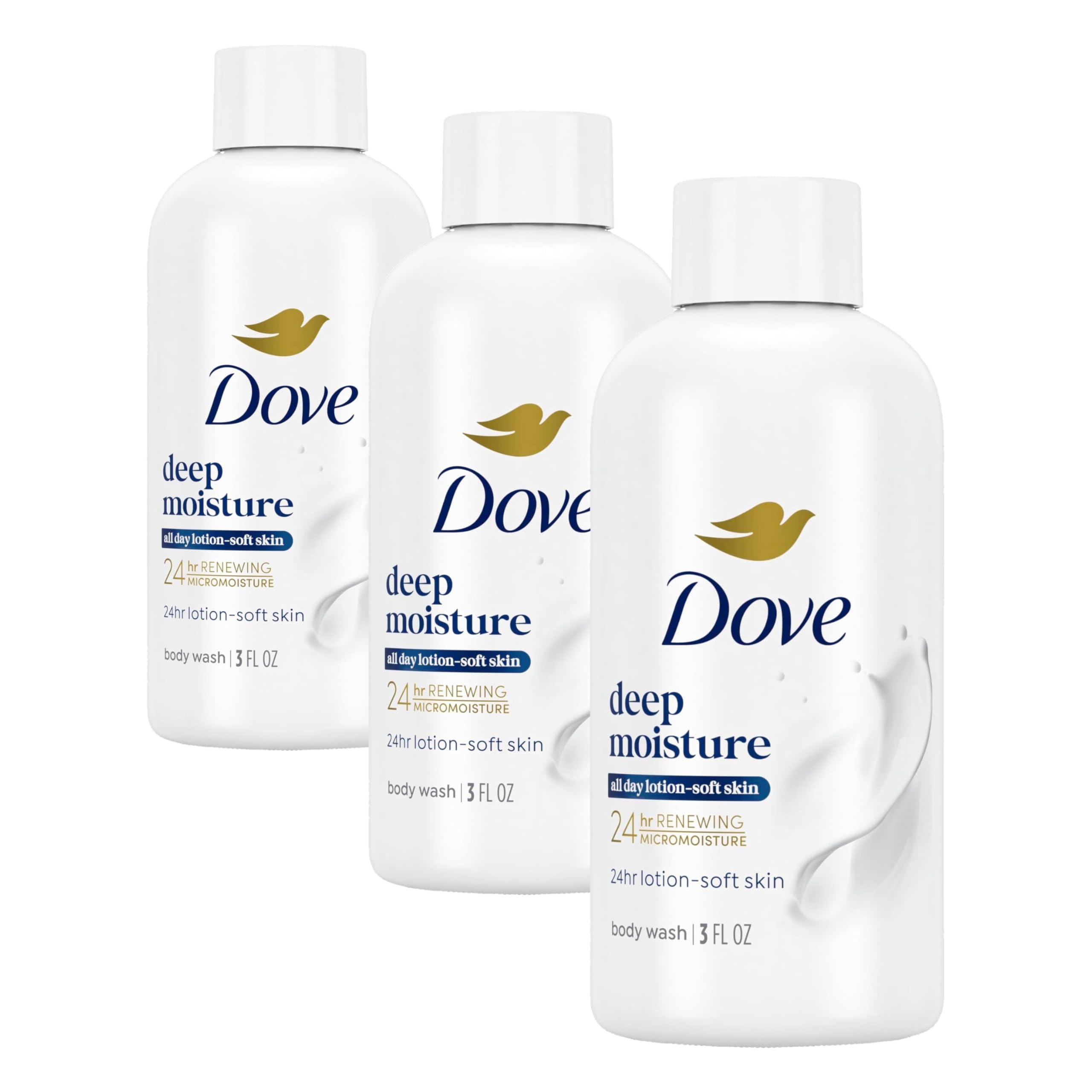 Dove Body Wash Deep Moisture for 24hr Lotion-Soft Skin Moisturizing Skin Cleanser with No Sulfates No Parabens 3 oz | Dove Deep Moisture Body Wash hydrates dry skin for 24 hours with a sulfate-free formula and MicroMoisture technology.