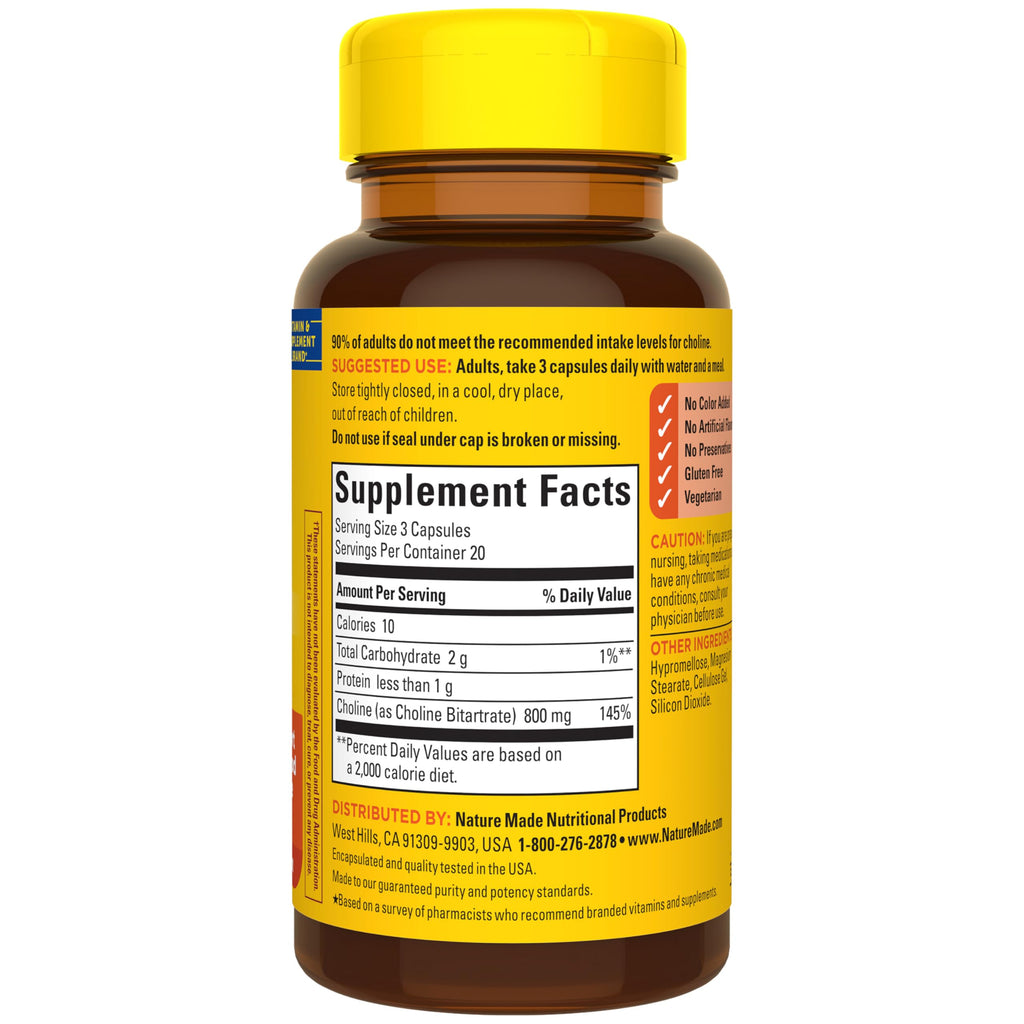 Nature Made Extra Strength Dosage Choline Supplements, 60 Capsules | Choline Supplements 800 Mg per 3 Capsules, Brain Health, Mood, Muscle & Liver Support, Vegetarian, 20 Day Supply