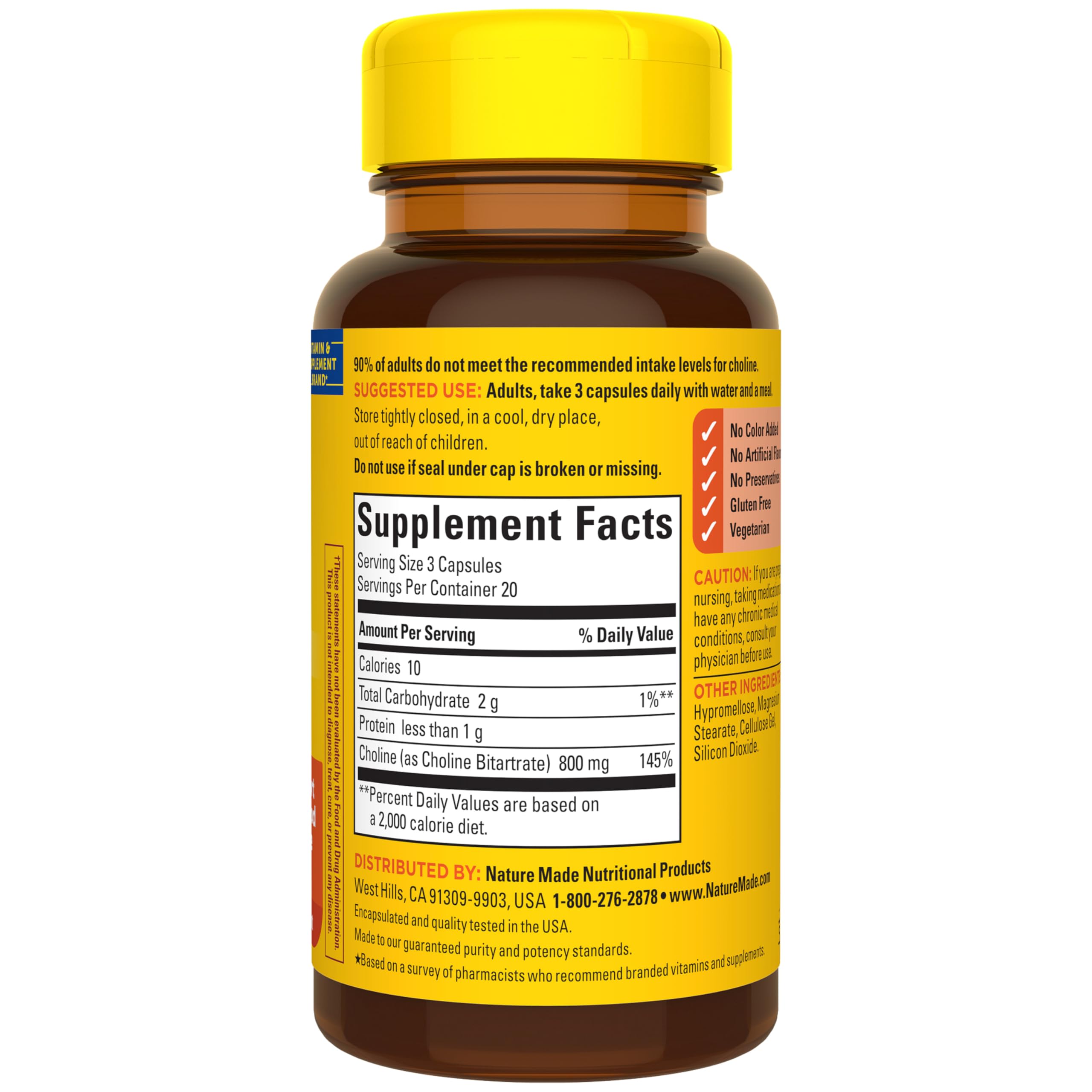 Nature Made Extra Strength Dosage Choline Supplements, 60 Capsules | Choline Supplements 800 Mg per 3 Capsules, Brain Health, Mood, Muscle & Liver Support, Vegetarian, 20 Day Supply