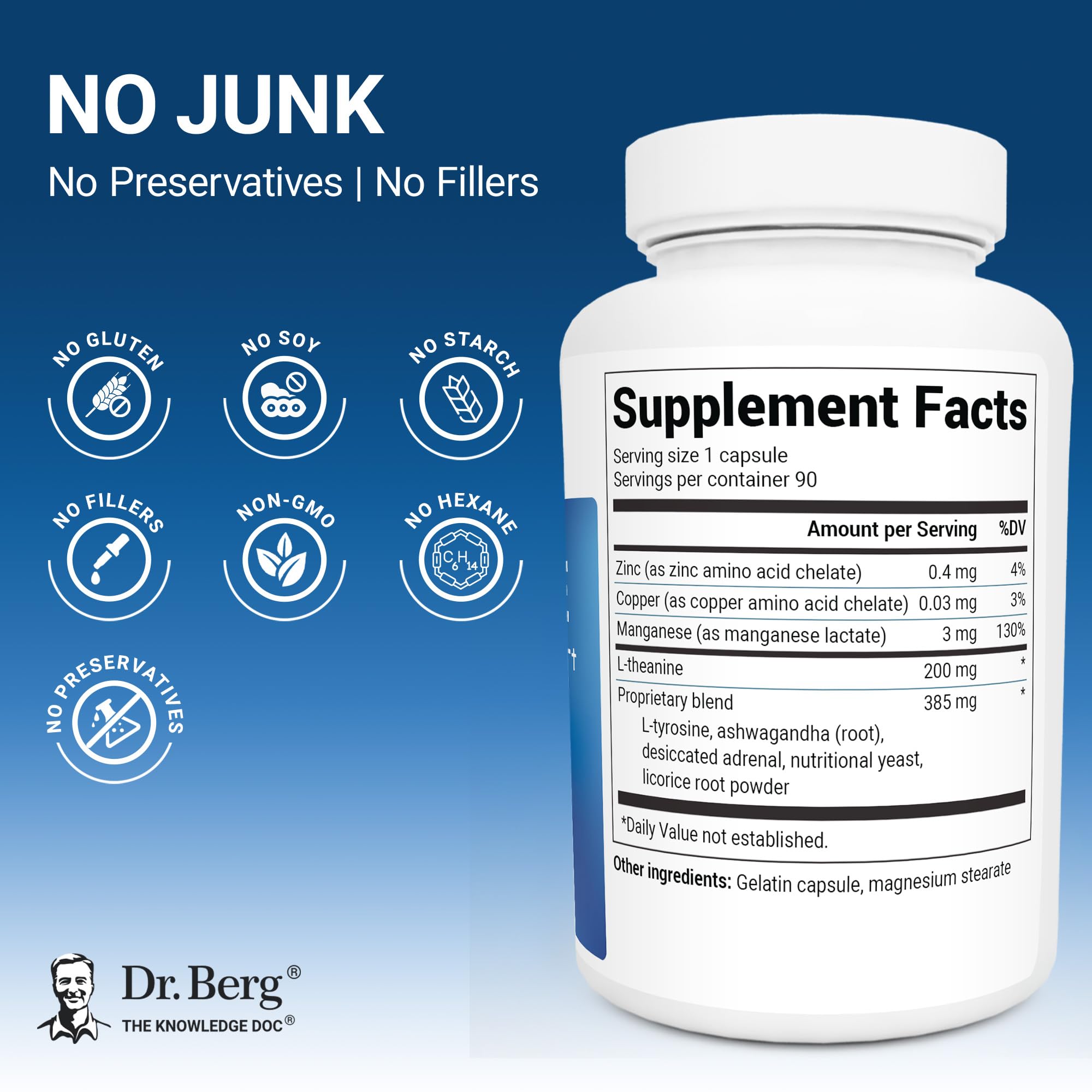 Dr. Berg 600 mg L-Theanine Adrenal Support - 90 Capsules with Ashwagandha & L-Tyrosine, Zinc & Manganese - Advanced 9-in-1 Adaptogen & Mineral Formula - No Fillers*